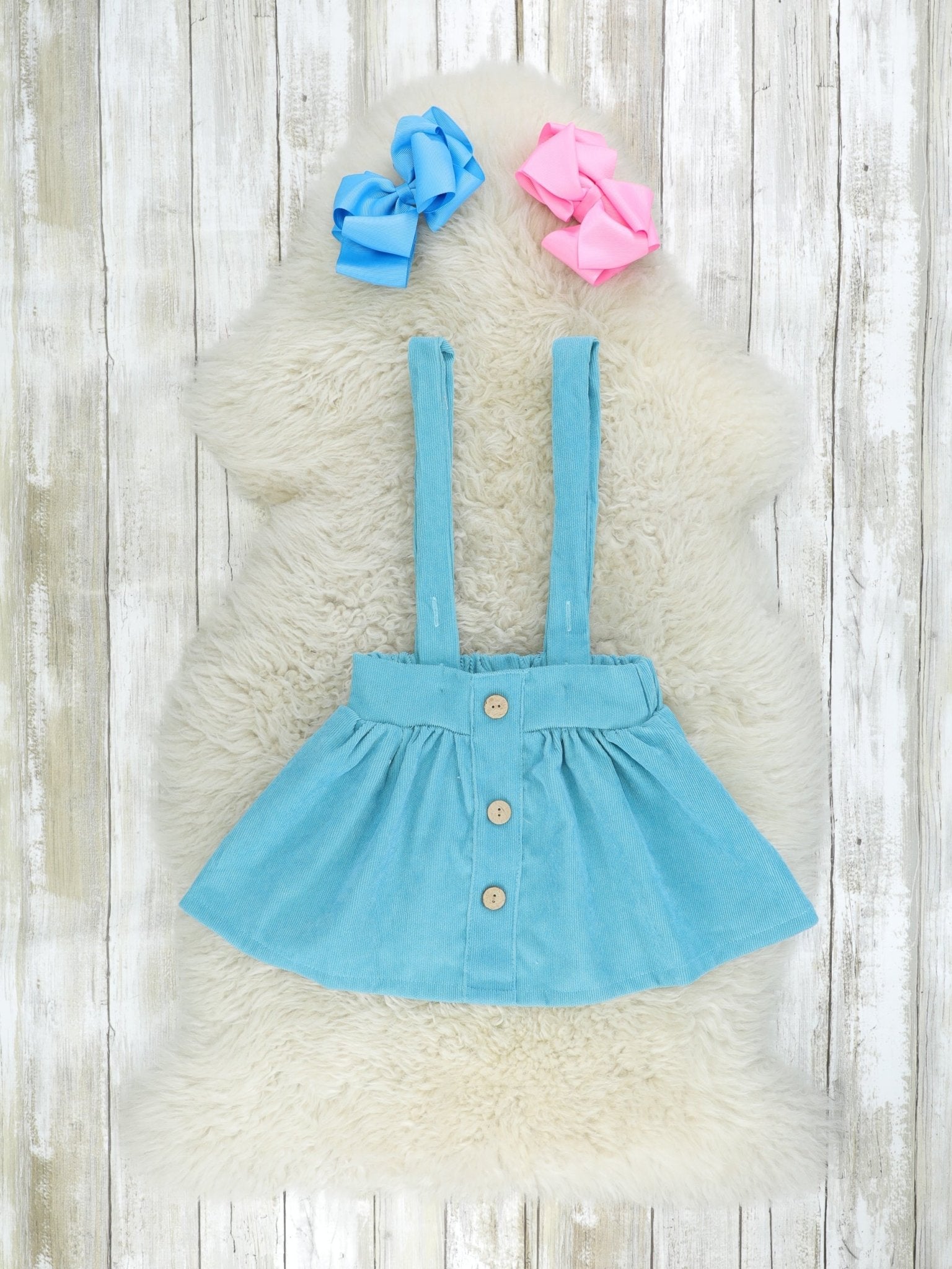 Pink Christmas Tree Ruffle Top & Blue Suspender Skirt Set - Marie Nicole Clothing