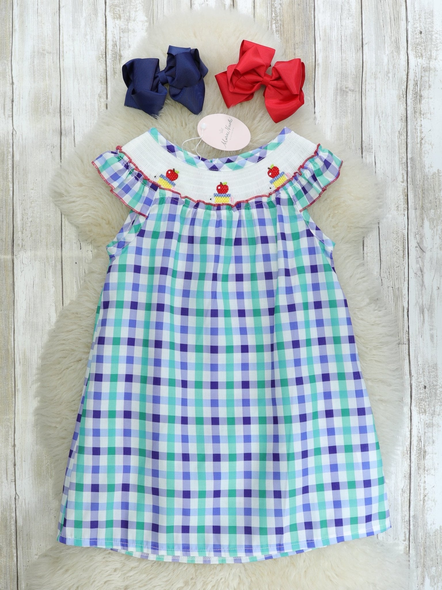 Plaid Smocked Apple Dress - Marie Nicole Clothing