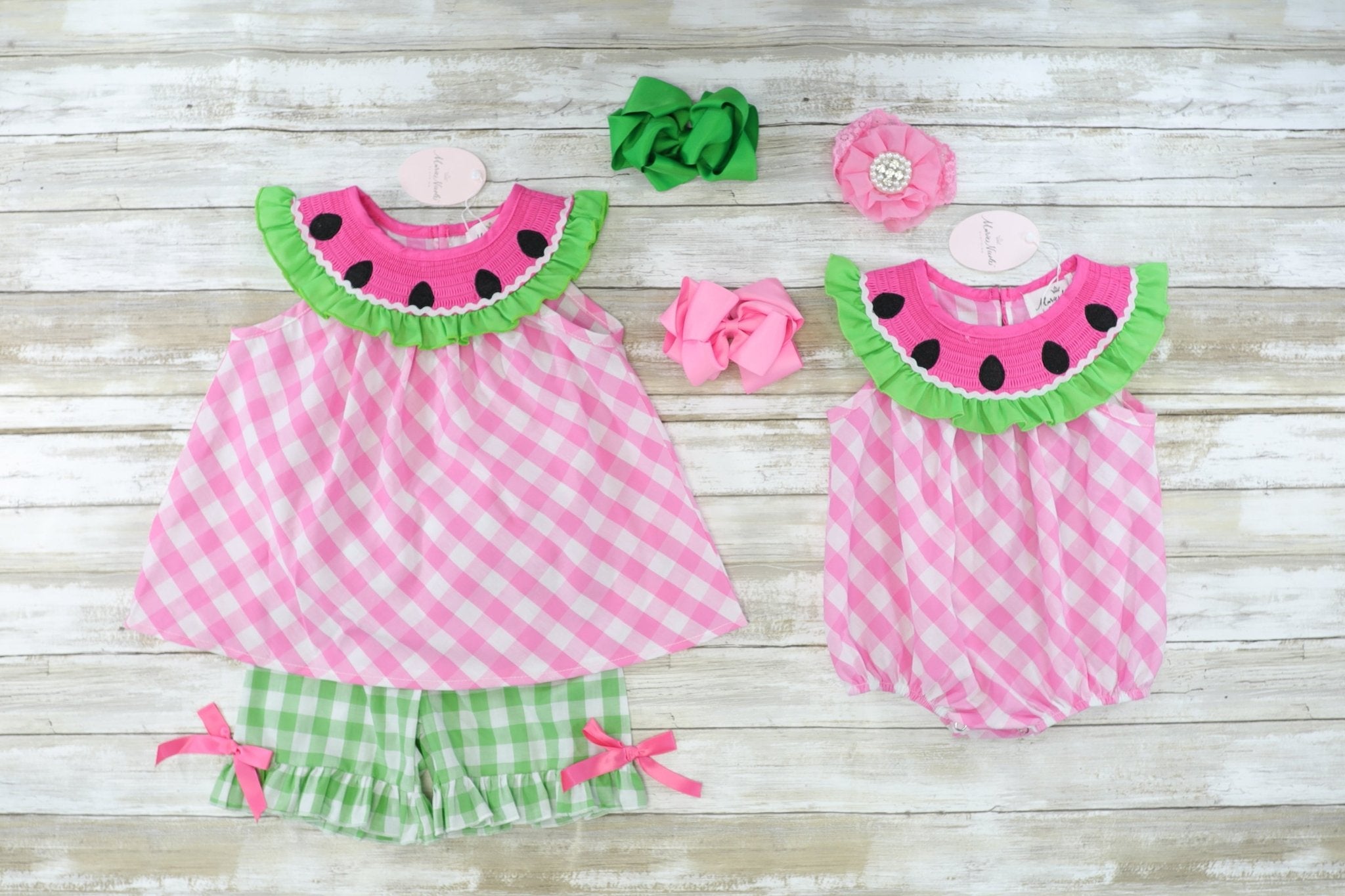 Pink Smocked Watermelon Ruffle Bubble Romper - Marie Nicole Clothing