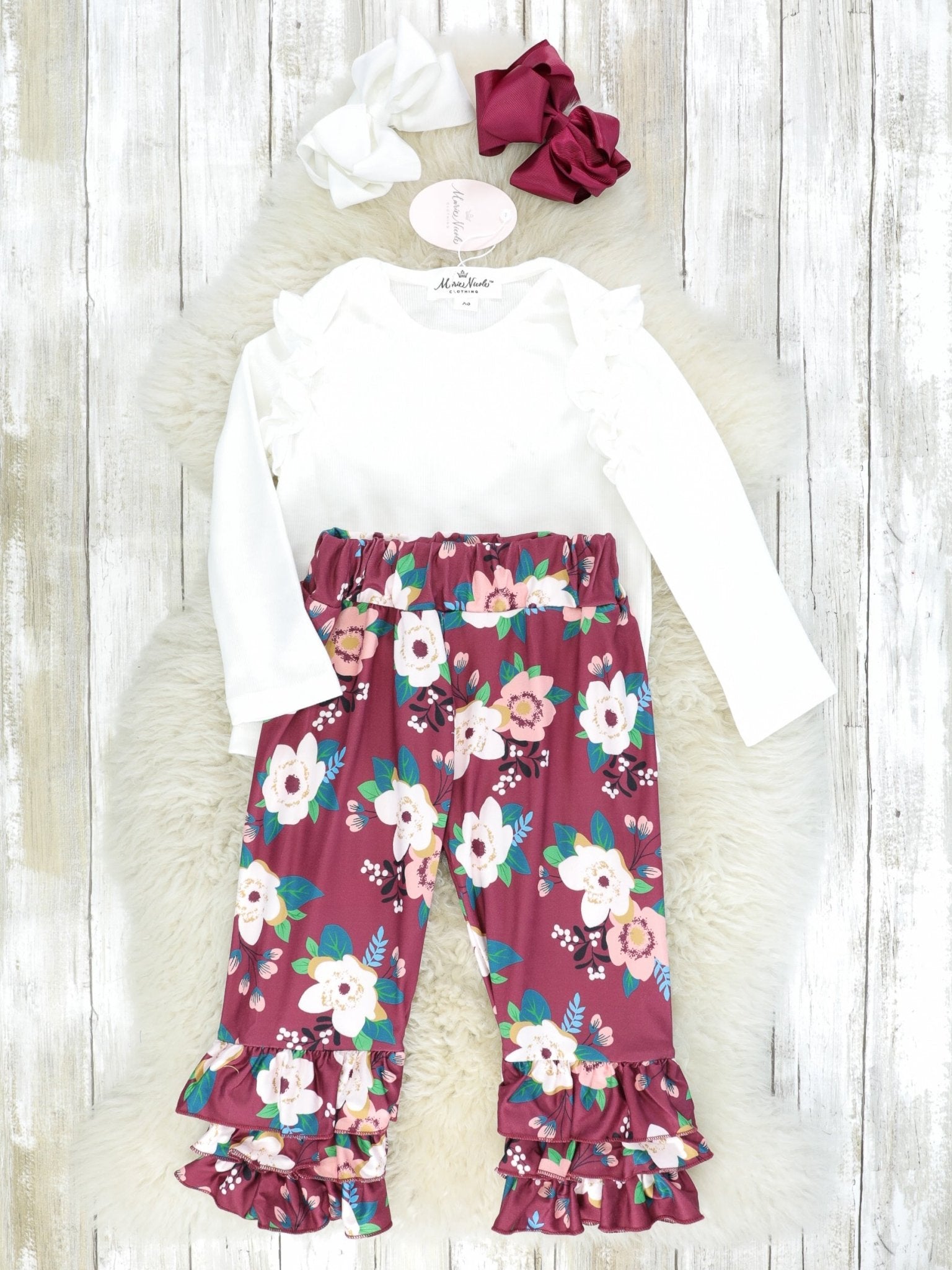 White Ruffle Top & Burgundy Floral Bottoms Outfit - Marie Nicole Clothing