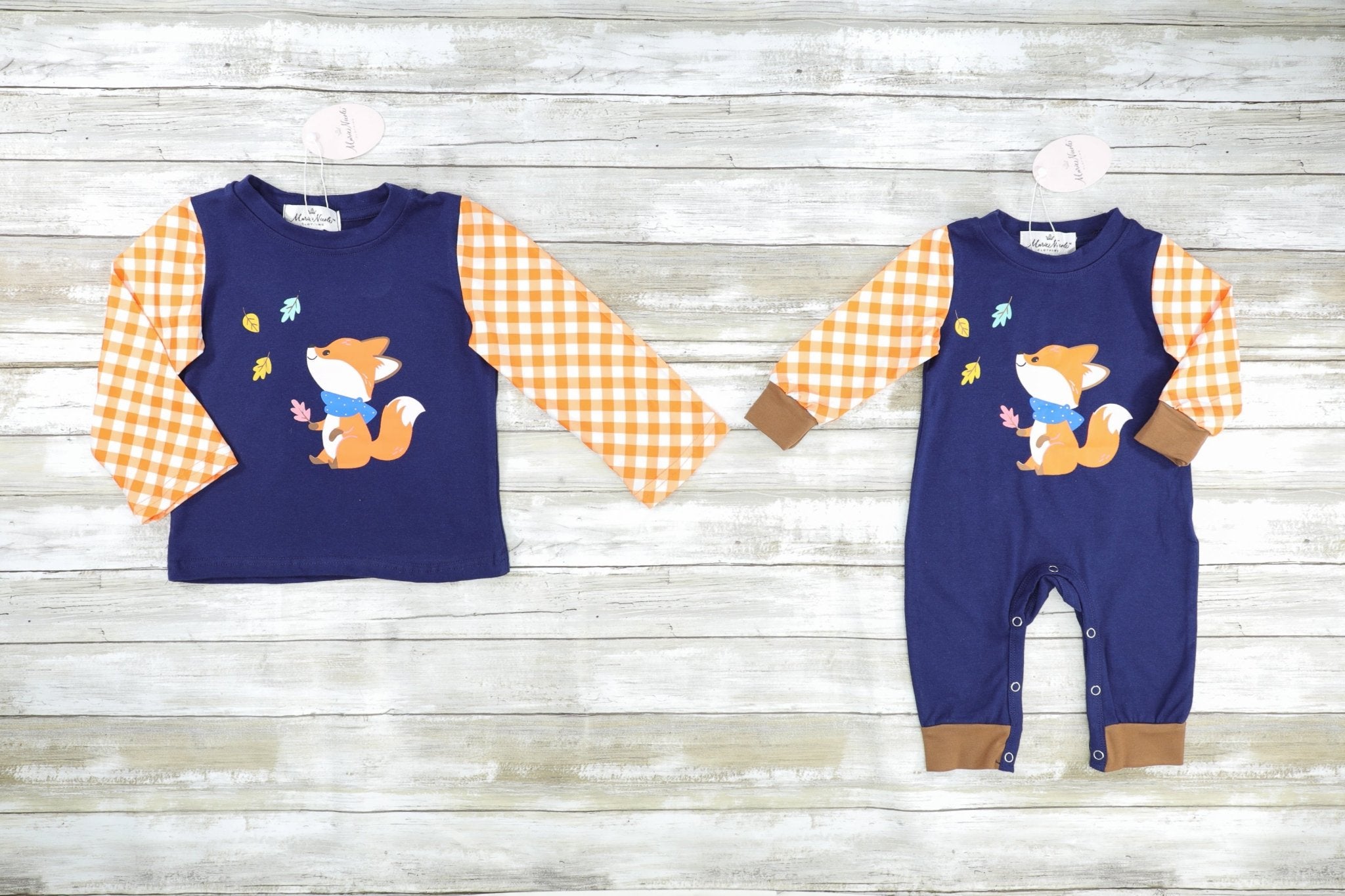Orange Gingham & Navy Fox Long Sleeve Shirt - Marie Nicole Clothing