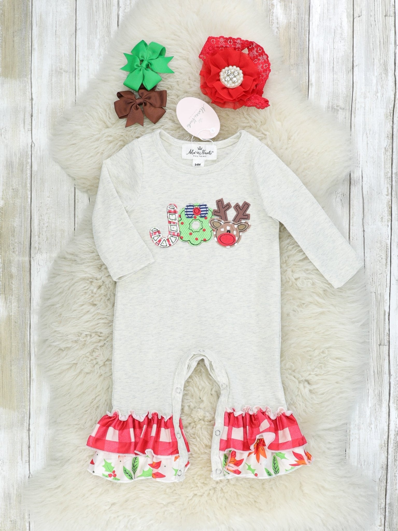 Red Gingham "JOY" Ruffle Romper - Marie Nicole Clothing