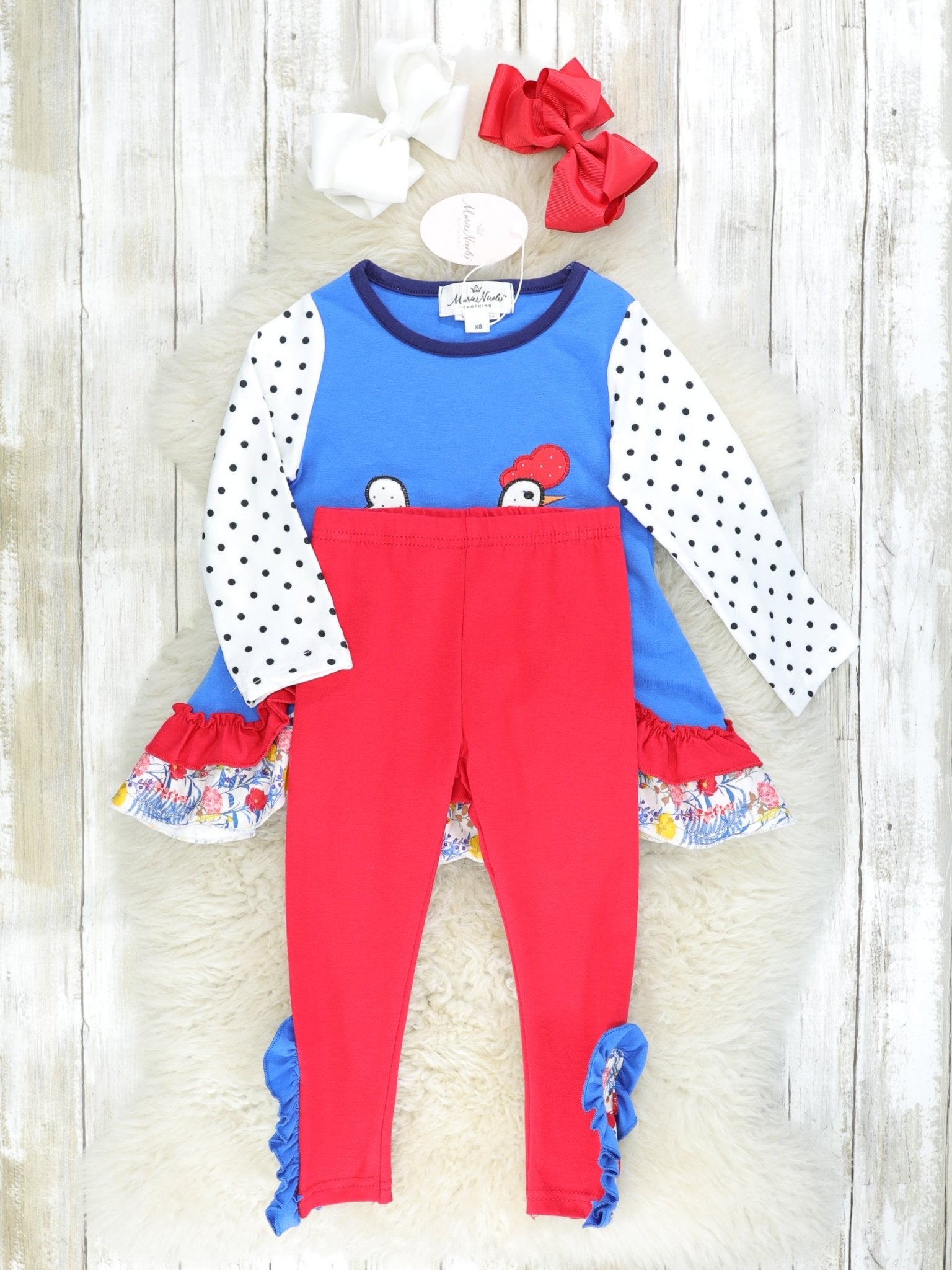 Blue Polka Dot Chicken Ruffle Top & Red Floral Bottoms Outfit - Marie Nicole Clothing
