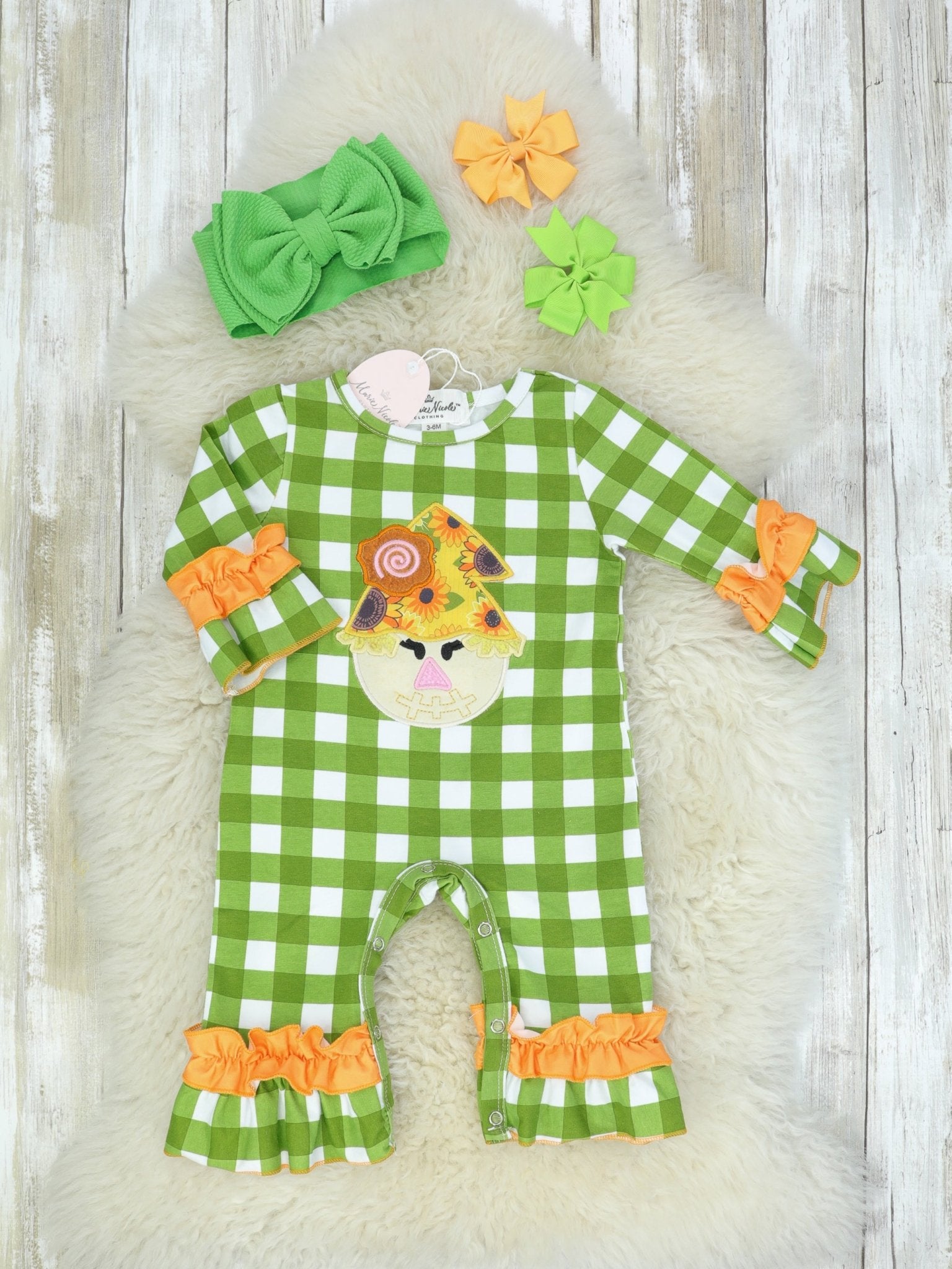 Green Plaid Scarecrow Ruffle Romper - Marie Nicole Clothing