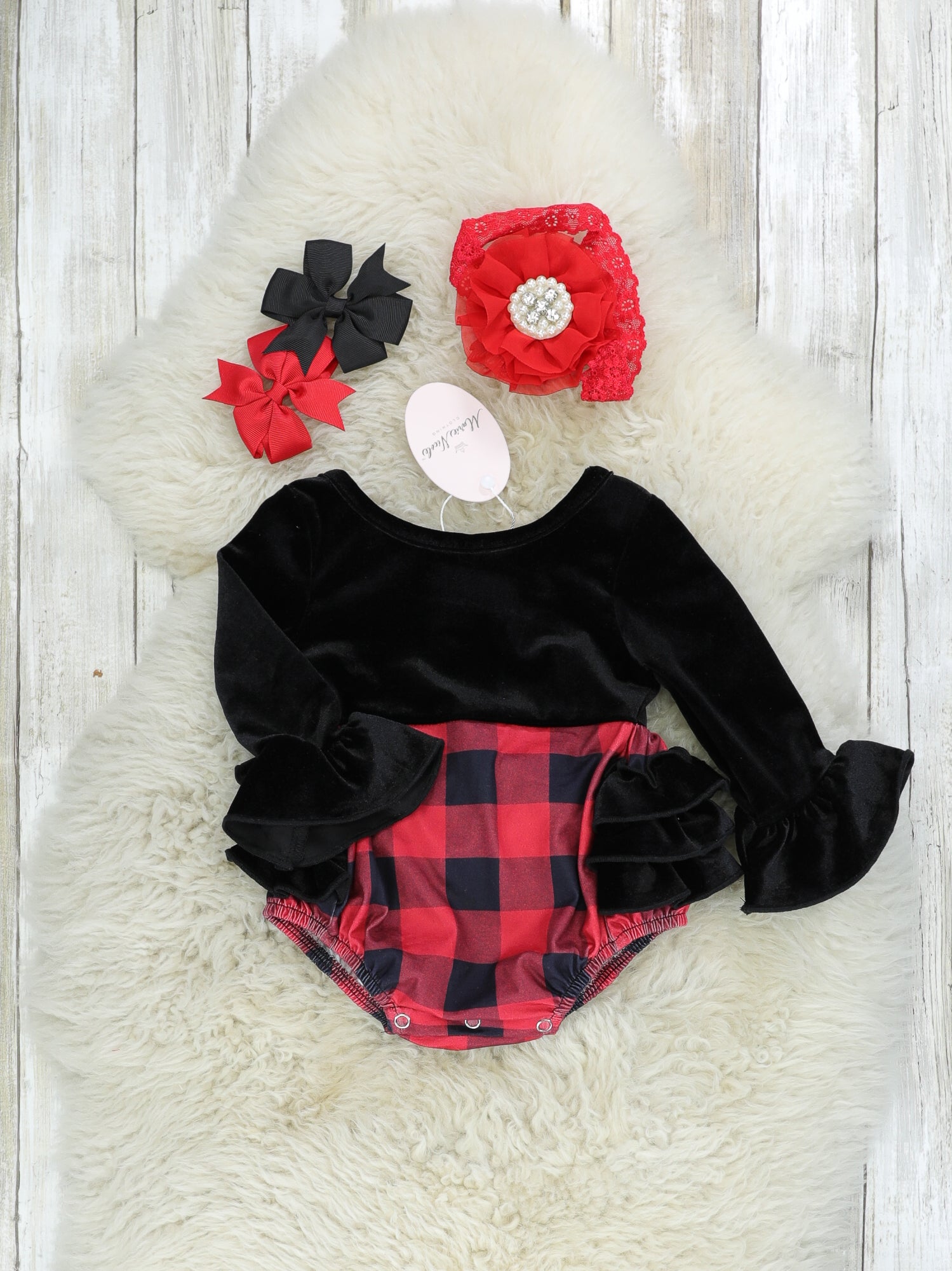 Black Velvet Buffalo Plaid Ruffle Romper - Marie Nicole Clothing