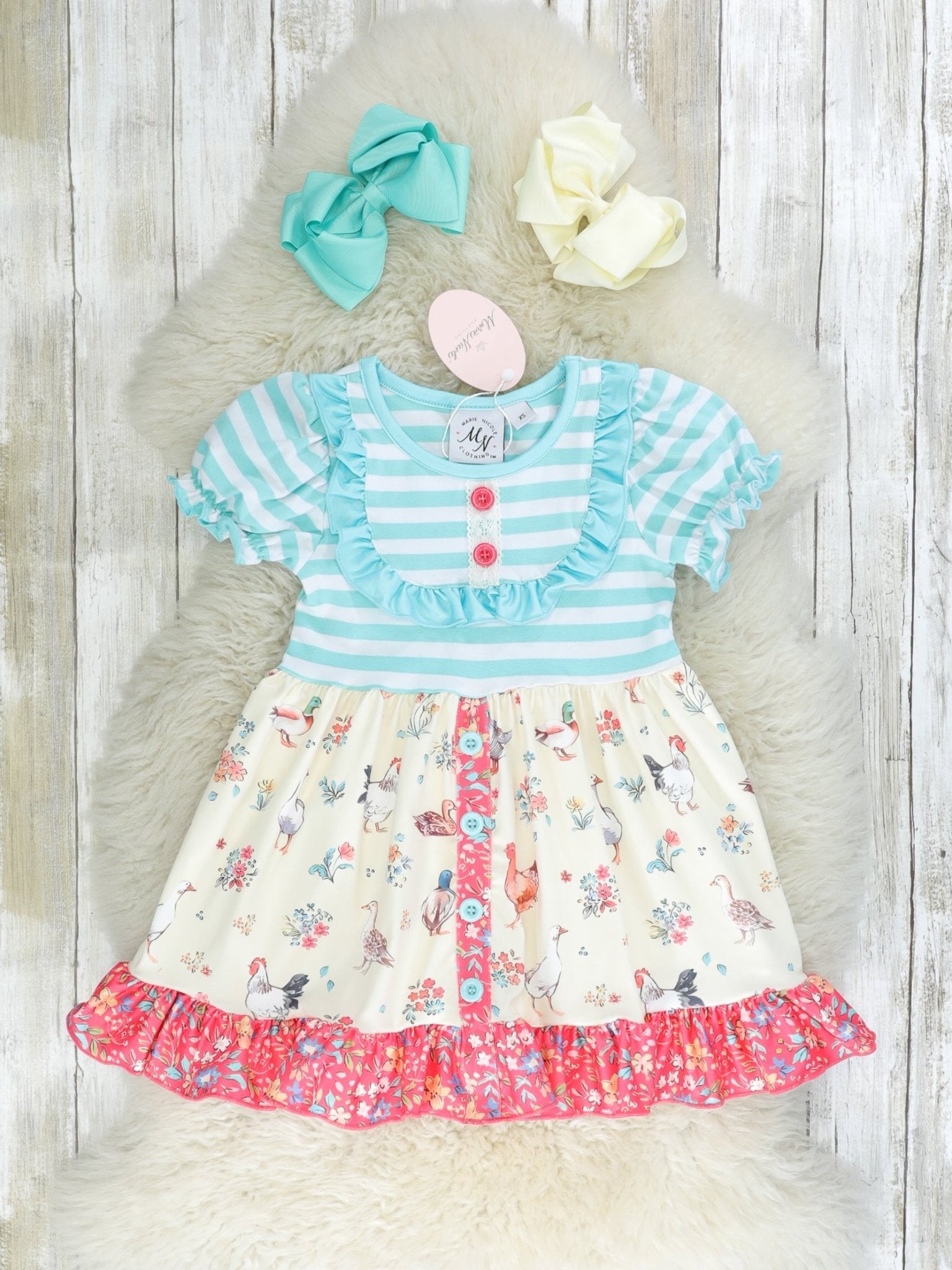 Blue Striped Flock Ruffle Dress - Marie Nicole Clothing