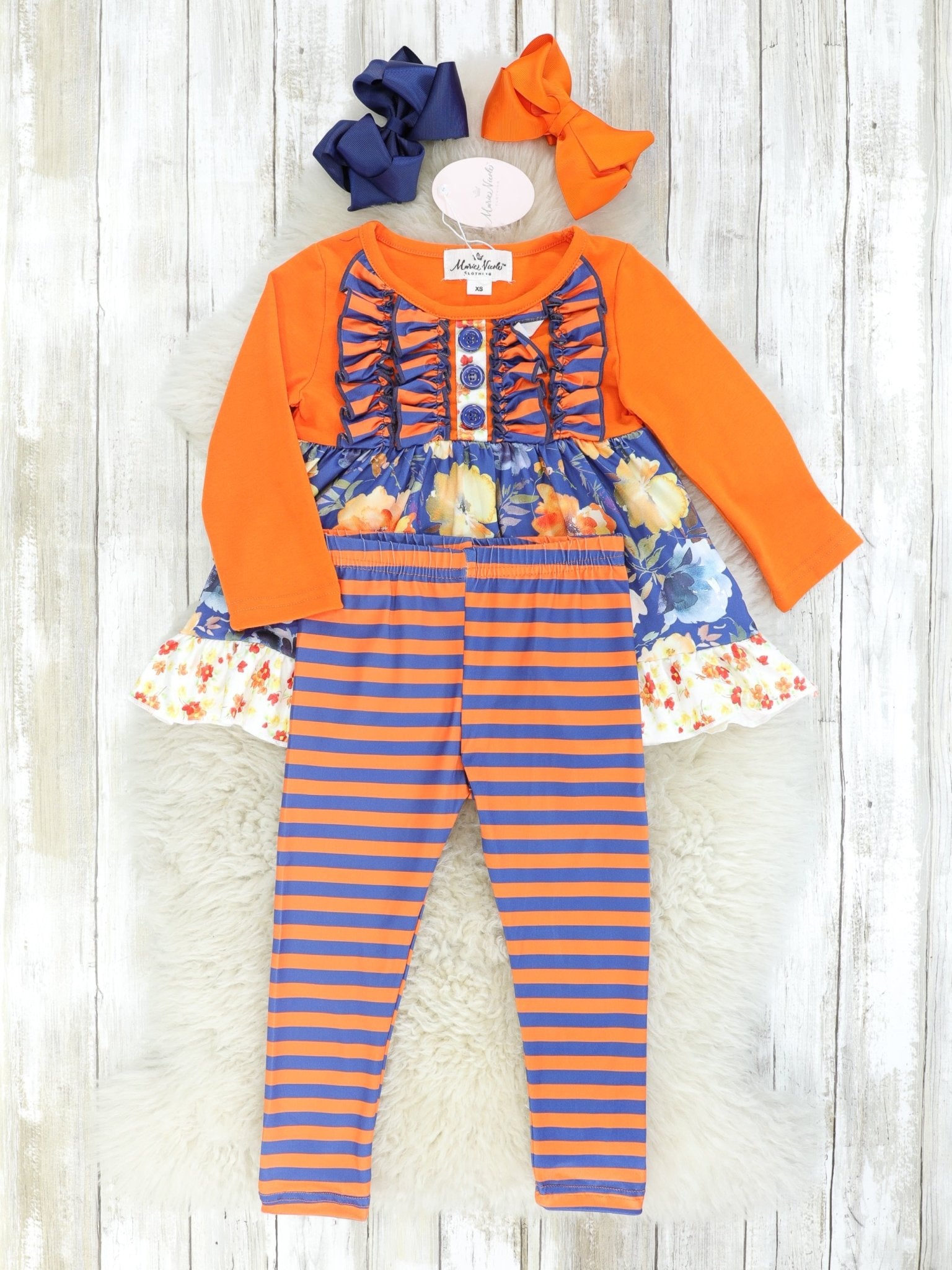 Navy Floral Ruffle Tunic & Orange Striped Bottoms Outfit - Marie Nicole Clothing