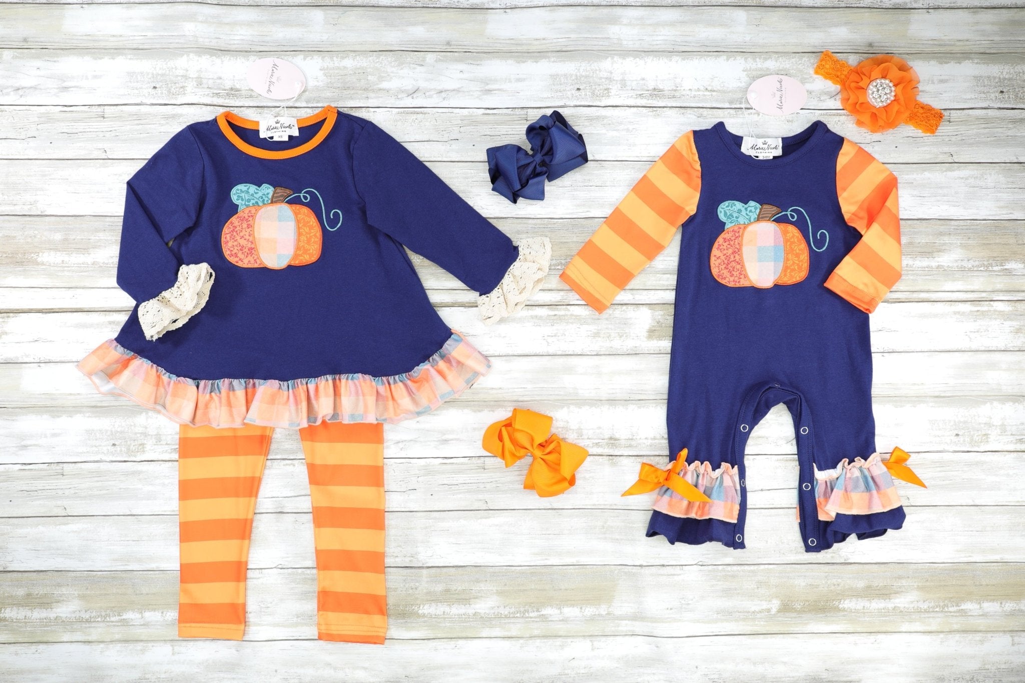 Plaid Pumpkin Ruffle Tunic & Striped Bottoms Outfit - Marie Nicole Clothing