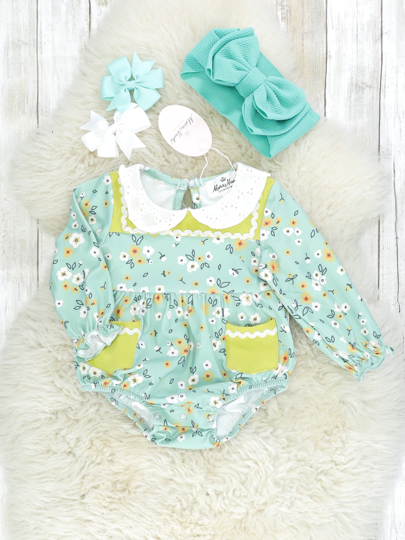Sea Foam Green Floral Vintage Pocket Romper - Marie Nicole Clothing