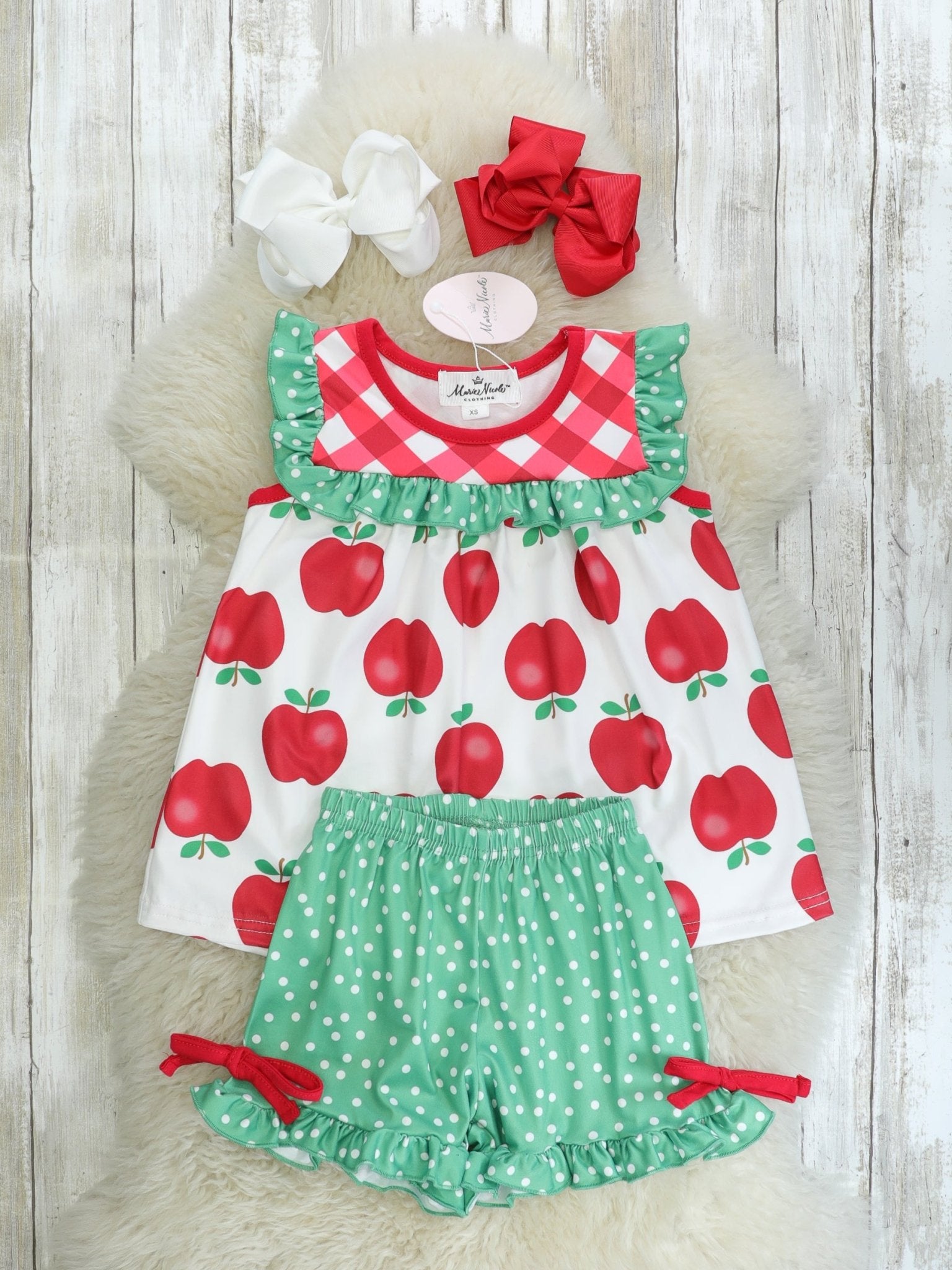 Red & Green Apple Ruffle Outfit - Marie Nicole Clothing