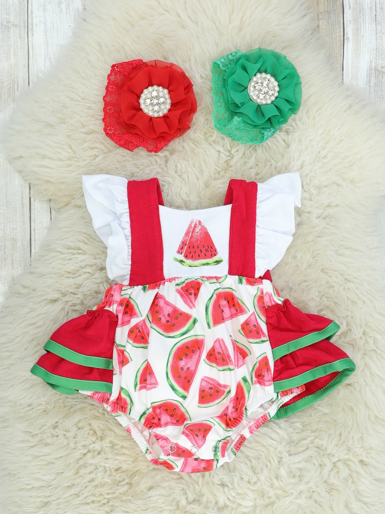 White Watermelon Ruffle Bubble Romper - Marie Nicole Clothing
