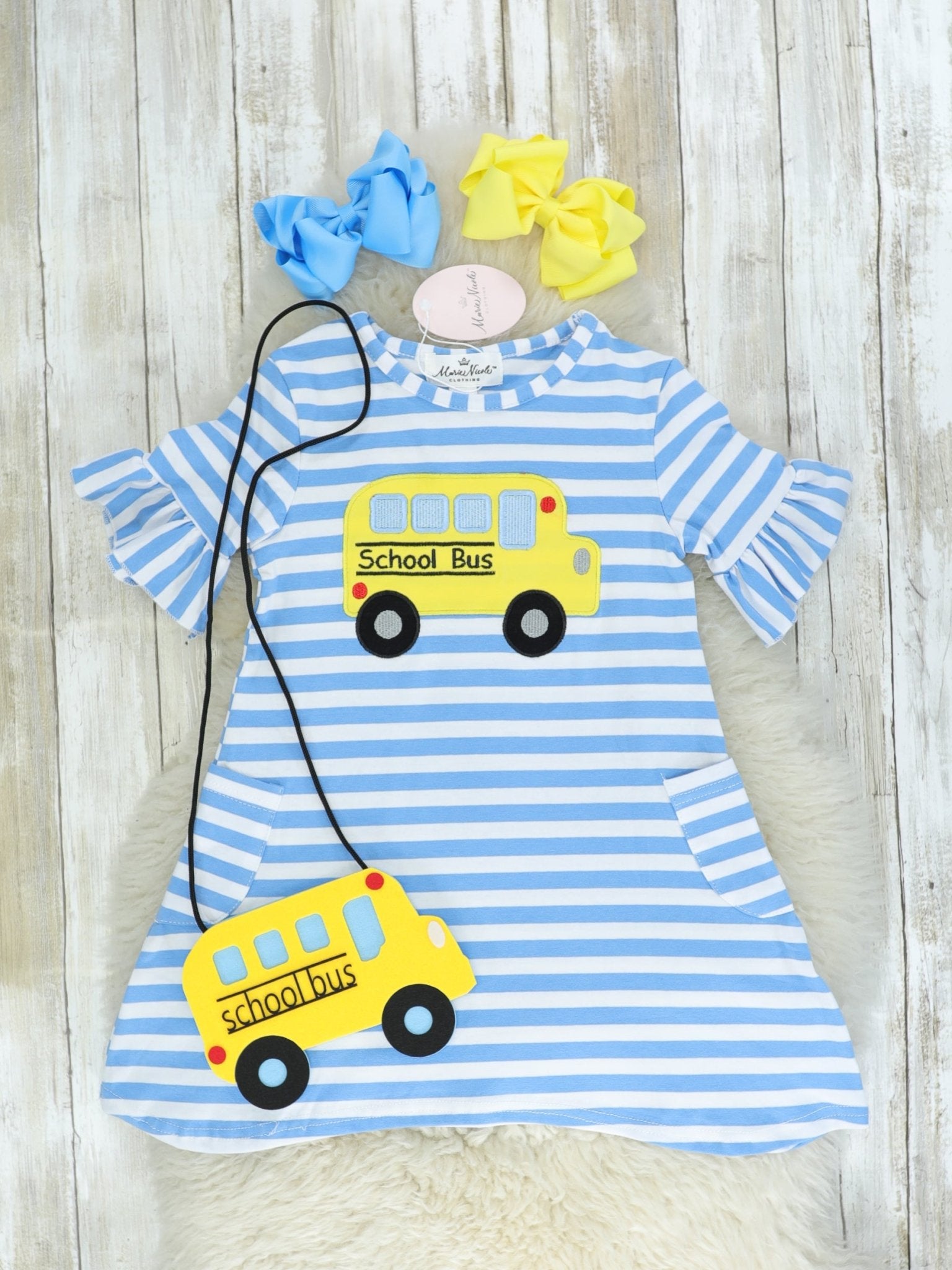 Blue & White Striped School Bus Dress - Marie Nicole Clothing
