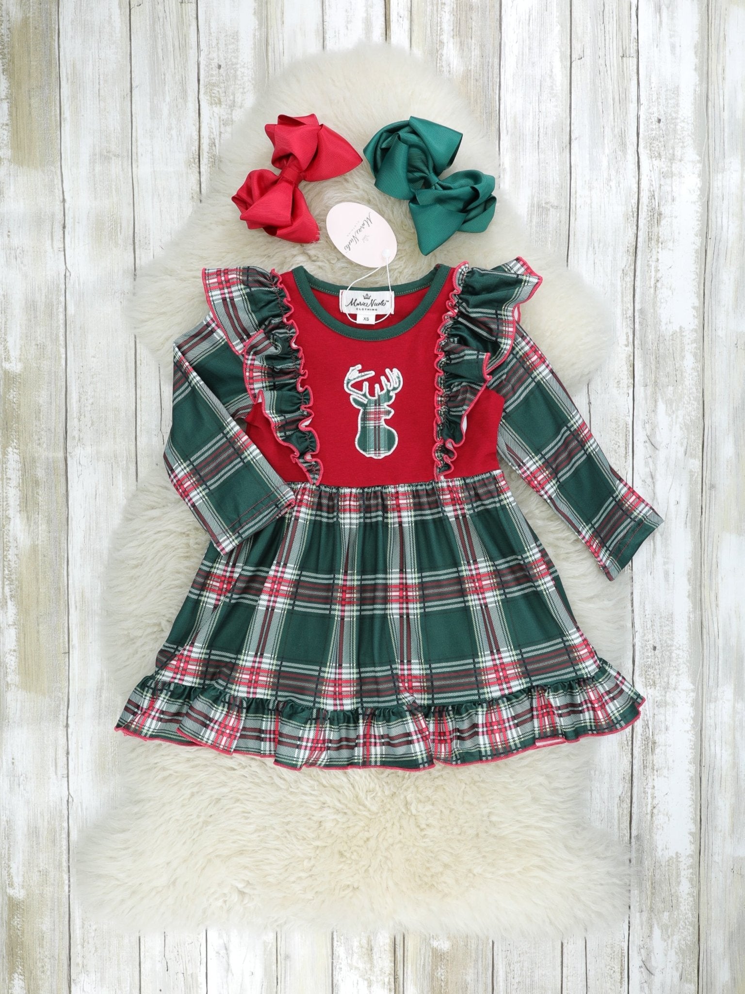 Hunter Green Plaid Reindeer Ruffle Dress - Marie Nicole Clothing