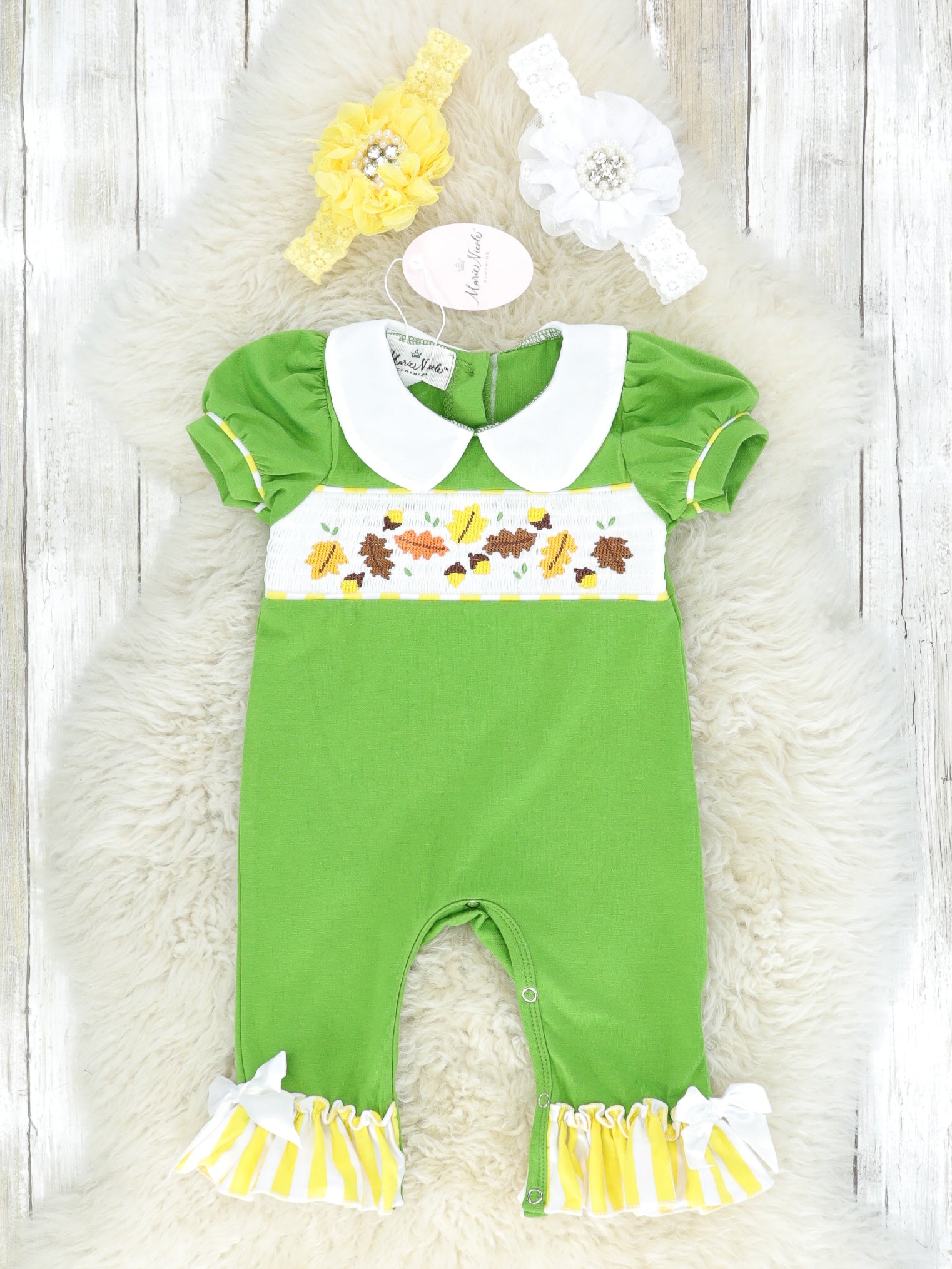 Acorns & Leaves Smocked Romper - Marie Nicole Clothing