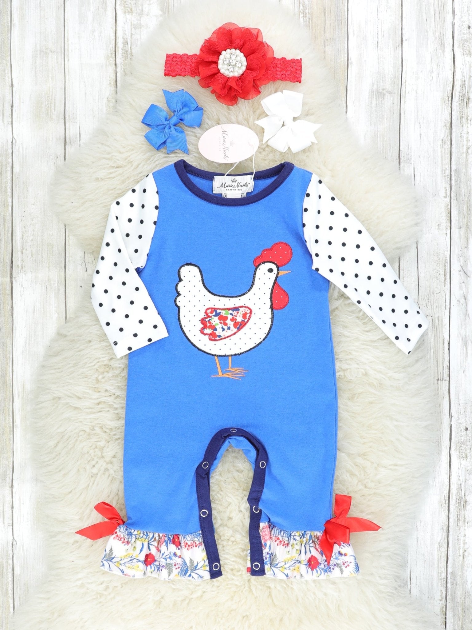 Blue Polka Dot Chicken Ruffle Romper - Marie Nicole Clothing