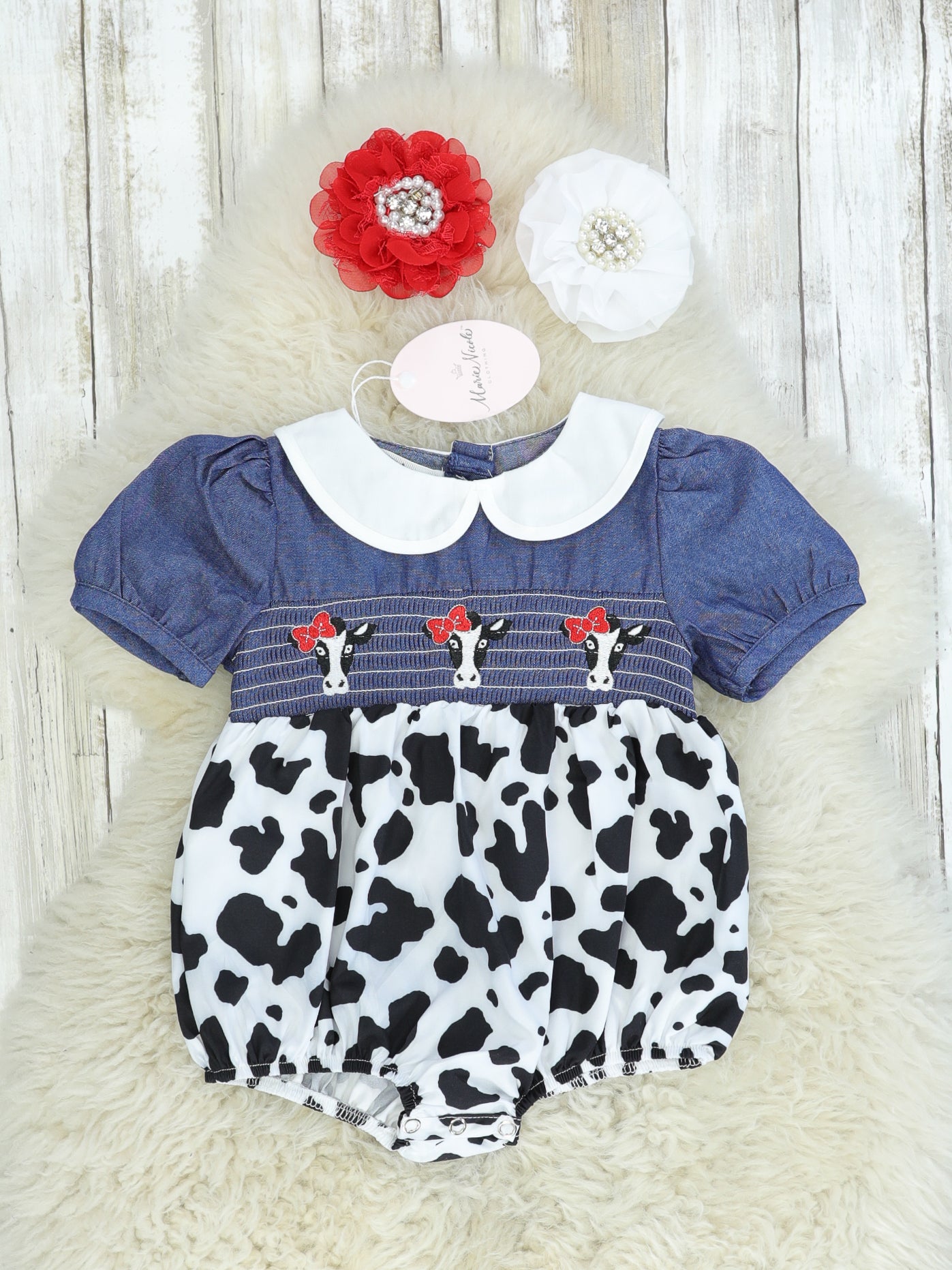 Chambray Cow Print Bubble Romper - Marie Nicole Clothing