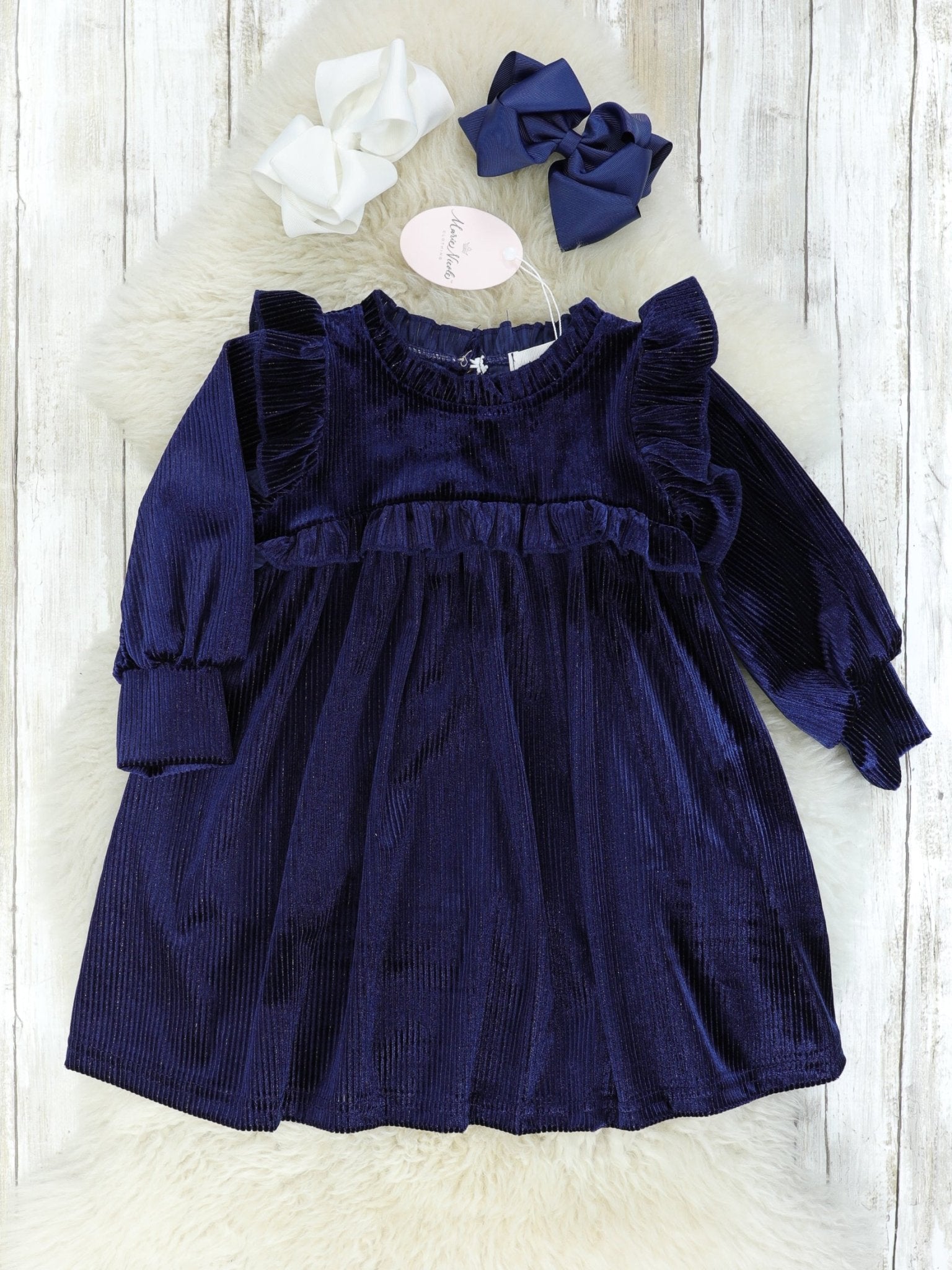 Ribbed Navy Velvet Ruffle Dress - Marie Nicole Clothing