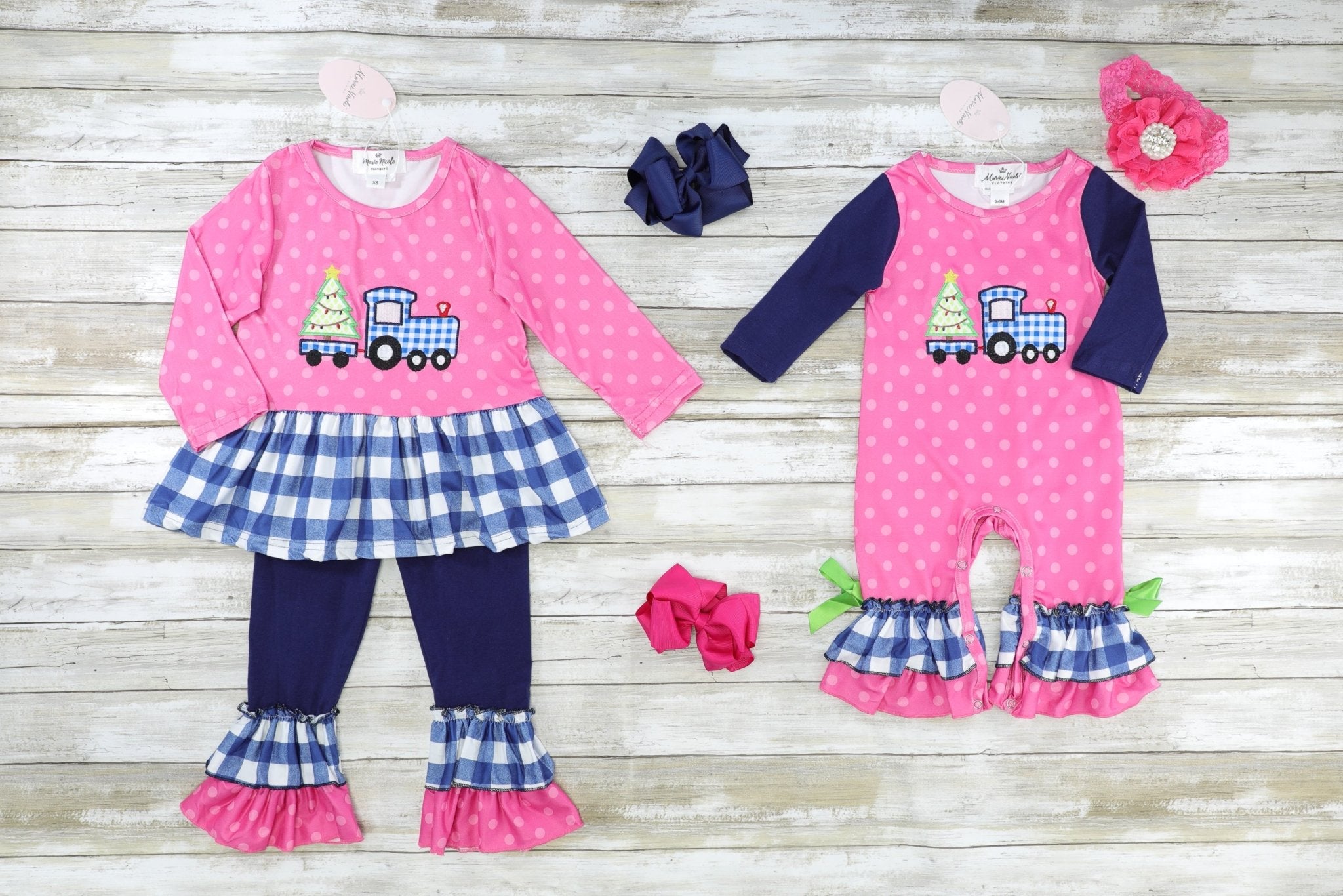 Pink & Blue Gingham Christmas Tree Truck Ruffle Outfit - Marie Nicole Clothing