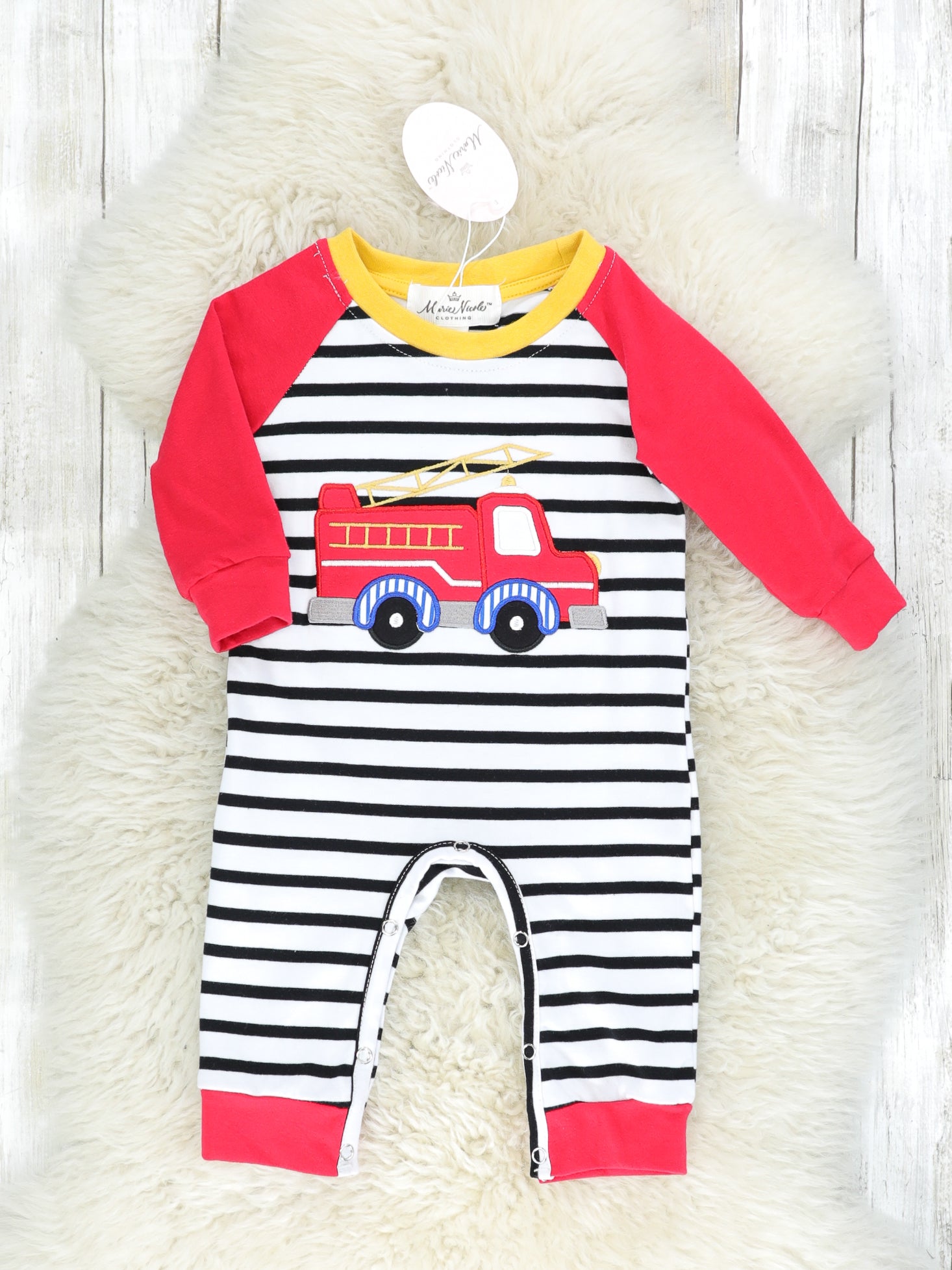 Striped Firetruck Red Raglan Romper - Marie Nicole Clothing