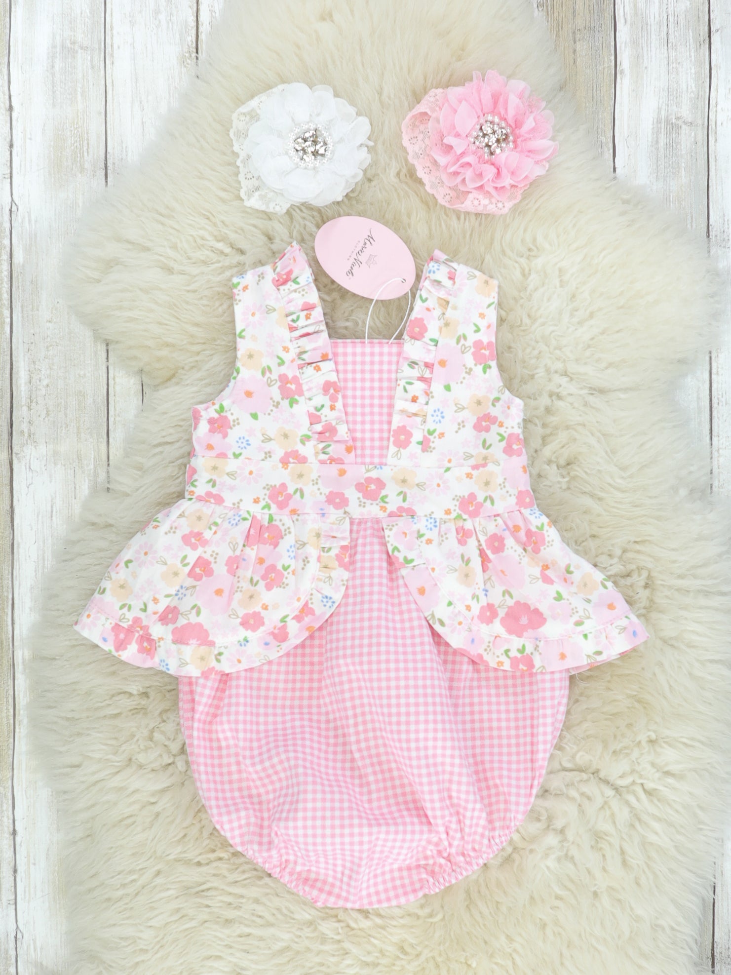 Pink Check Floral Ruffle Bubble Romper - Marie Nicole Clothing