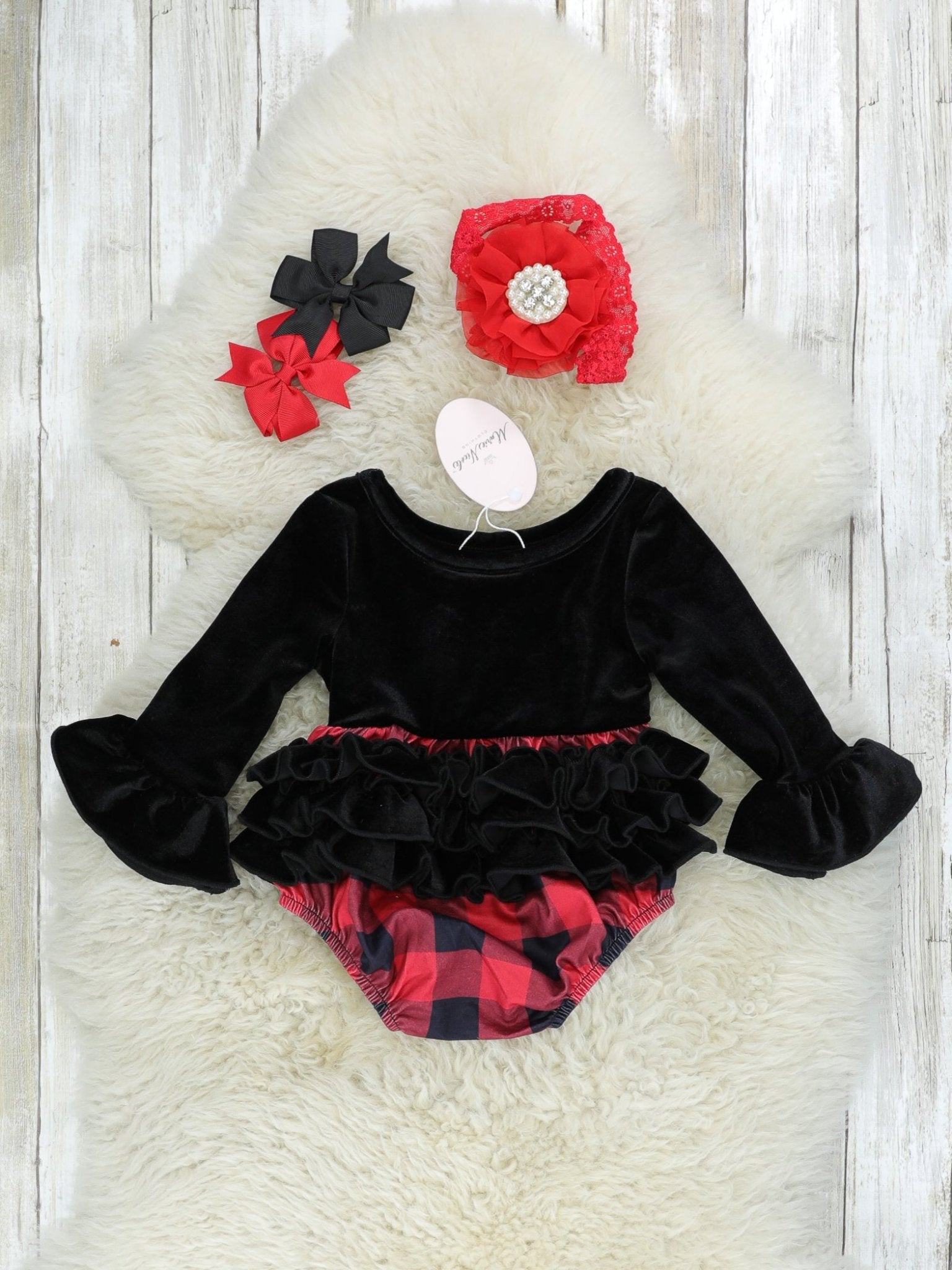 Black Velvet Buffalo Plaid Ruffle Romper - Marie Nicole Clothing