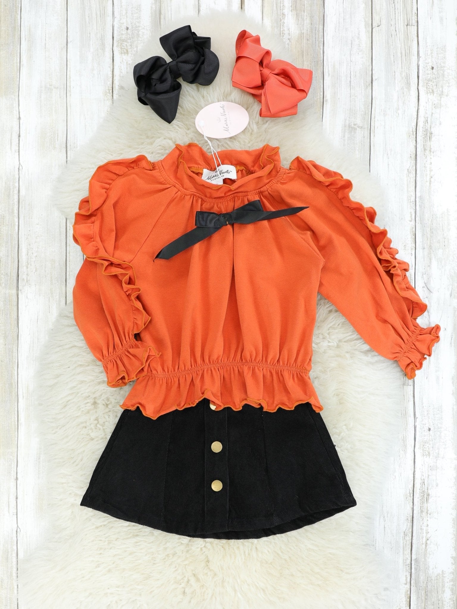 Burnt Orange Ruffle Top & Skirt Outfit - Marie Nicole Clothing