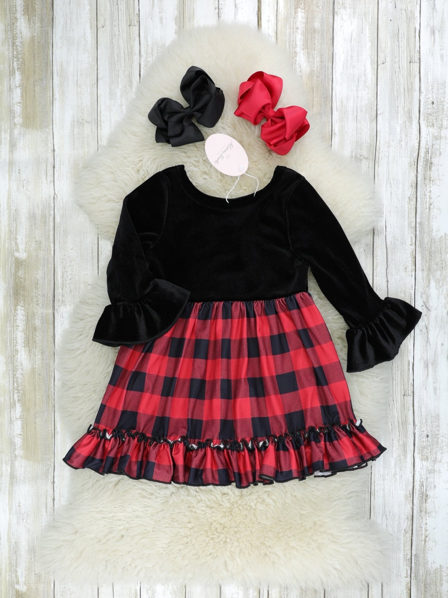 Black Velvet Buffalo Plaid Ruffle Dress - Marie Nicole Clothing