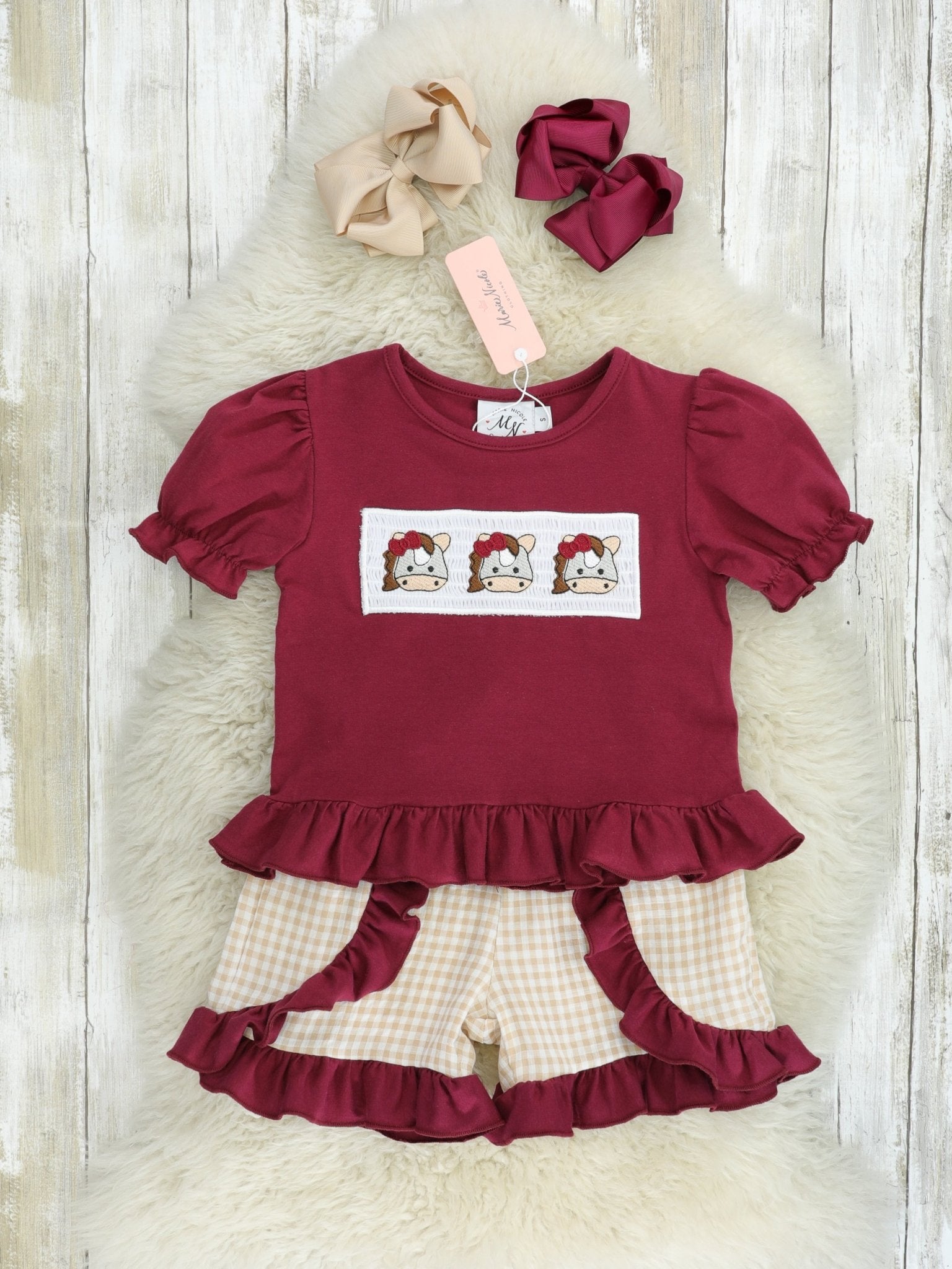 Maroon Smocked Horse Ruffle Outfit - Marie Nicole Clothing