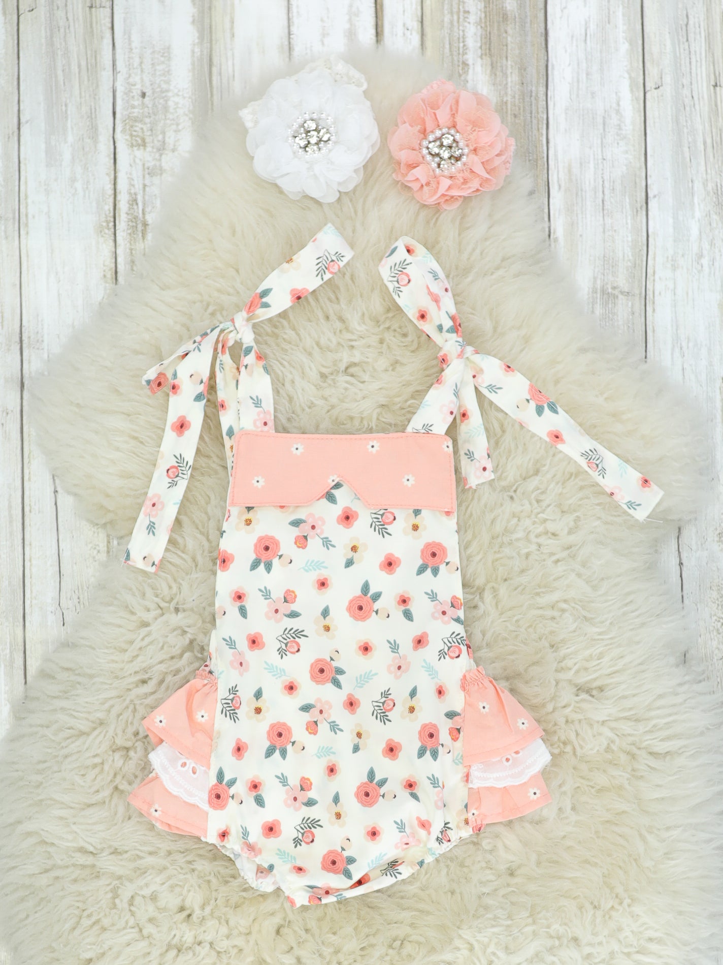 Pink & White Floral Ruffle Bubble Romper - Marie Nicole Clothing