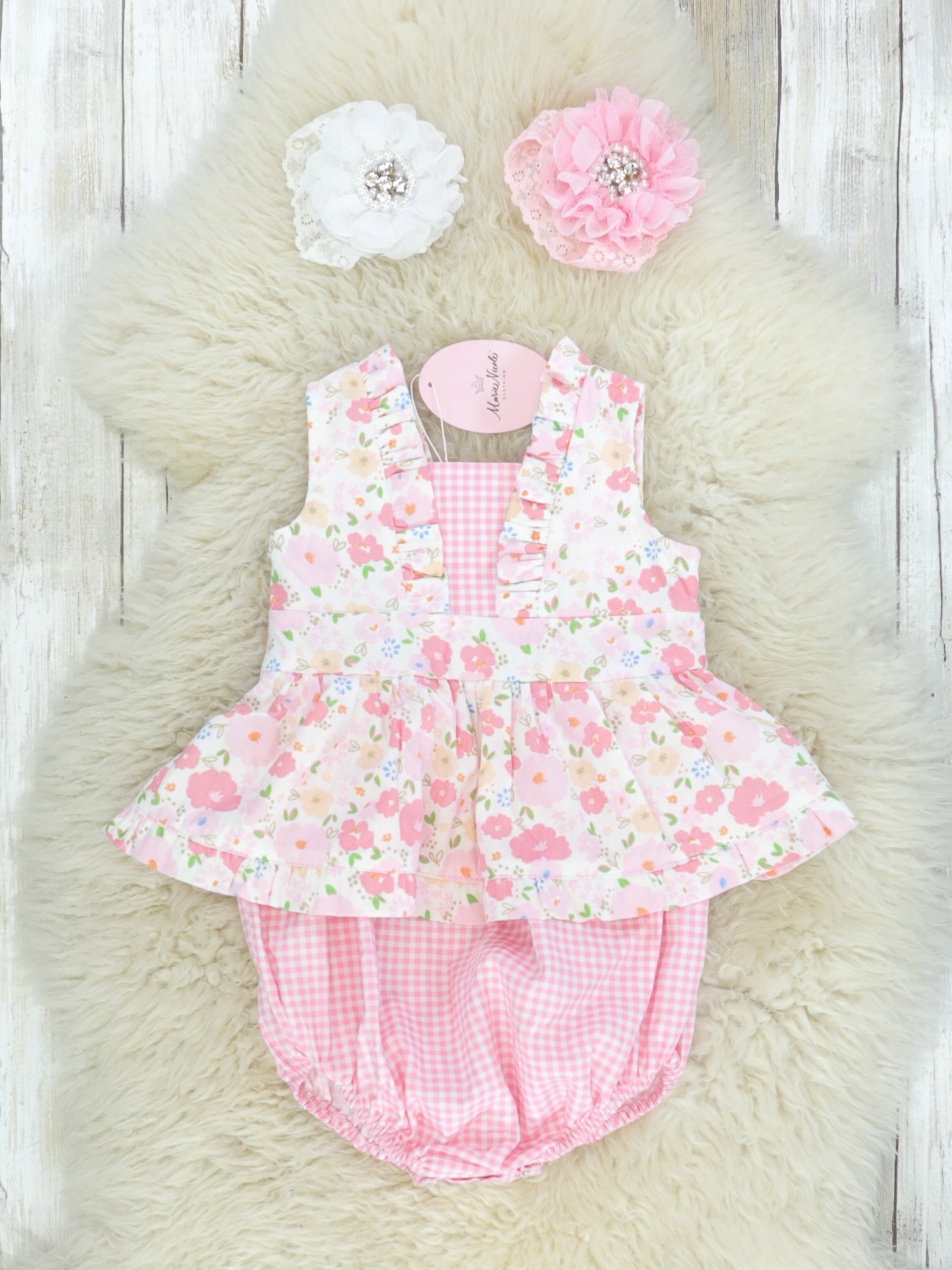 Pink Check Floral Ruffle Bubble Romper - Marie Nicole Clothing