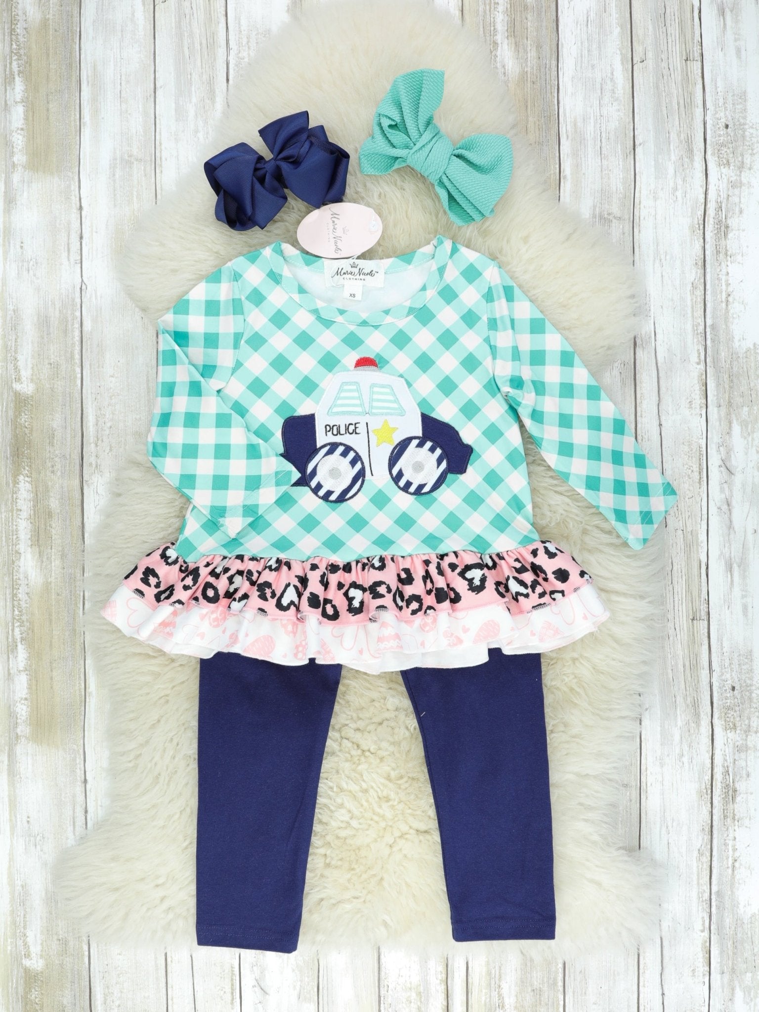 Blue Checked Police Car Ruffle Outfit - Marie Nicole Clothing