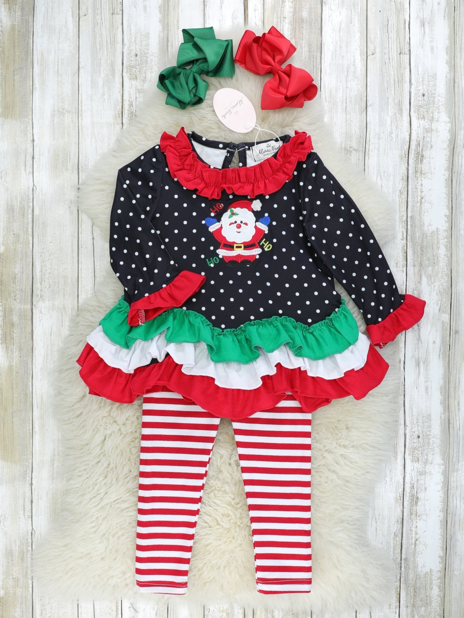 Black Polka Dot Santa Ruffle Outfit - Marie Nicole Clothing
