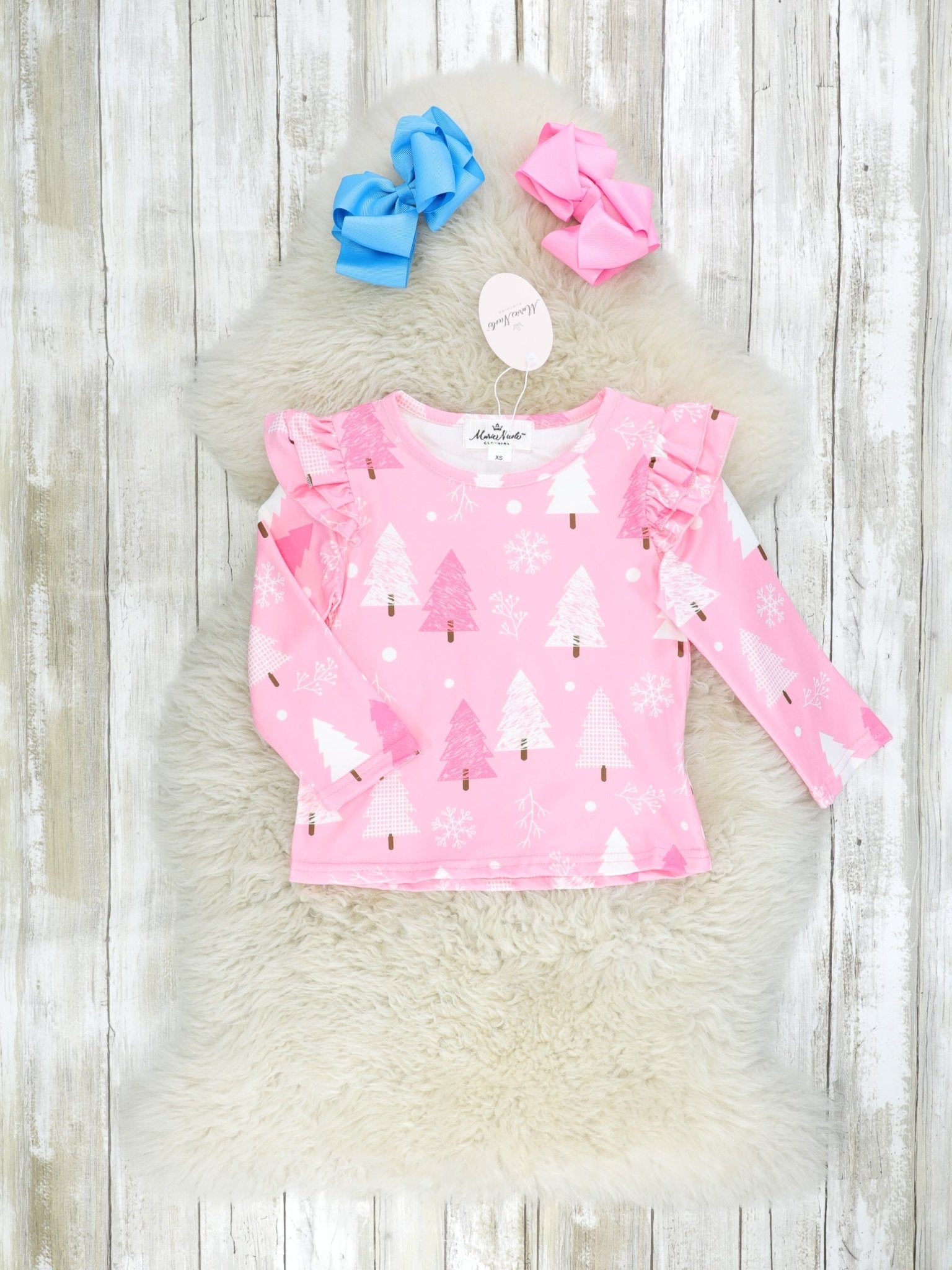 Pink Christmas Tree Ruffle Top & Blue Suspender Skirt Set - Marie Nicole Clothing