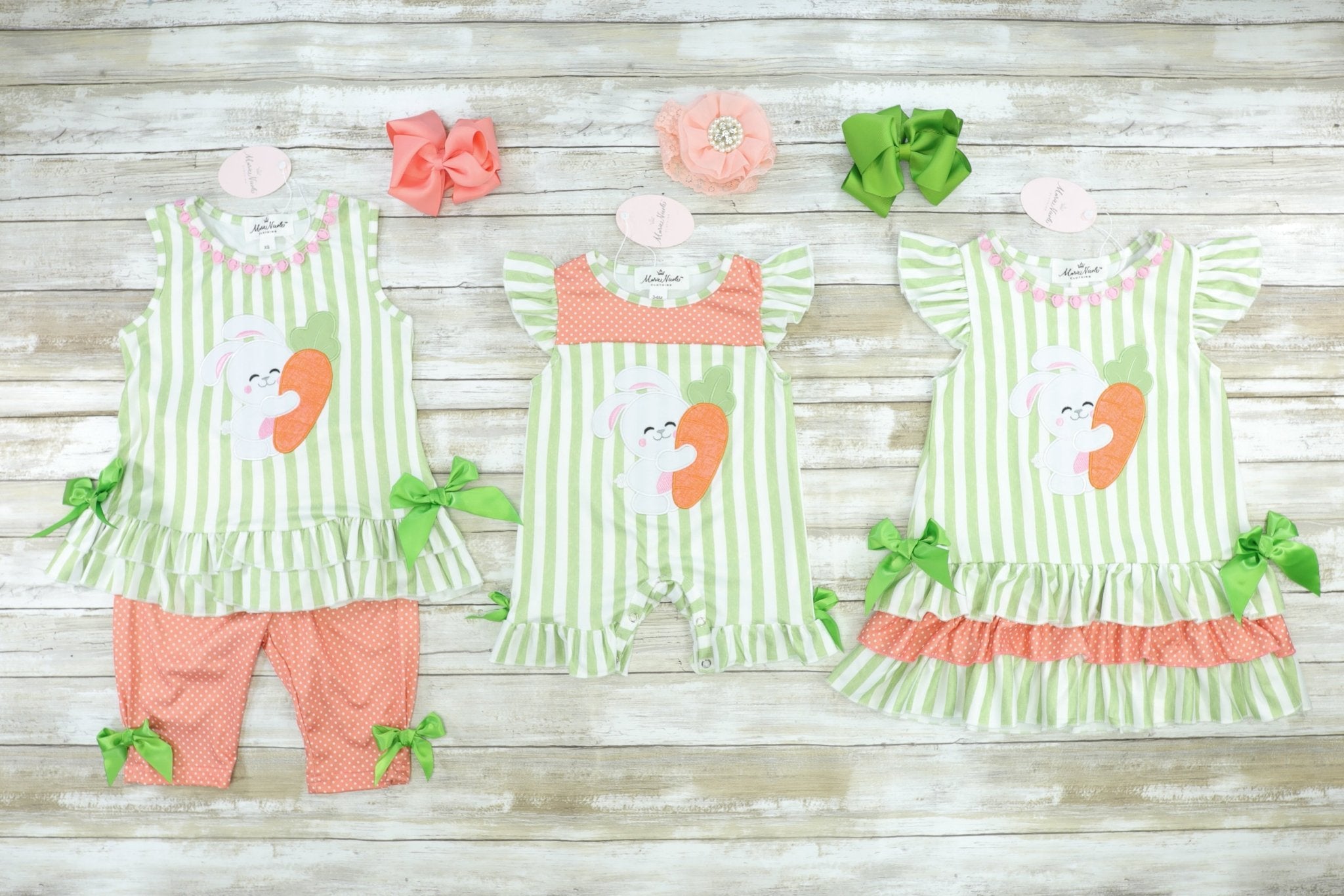 Green & Coral Spring Bunny Bow Romper - Marie Nicole Clothing