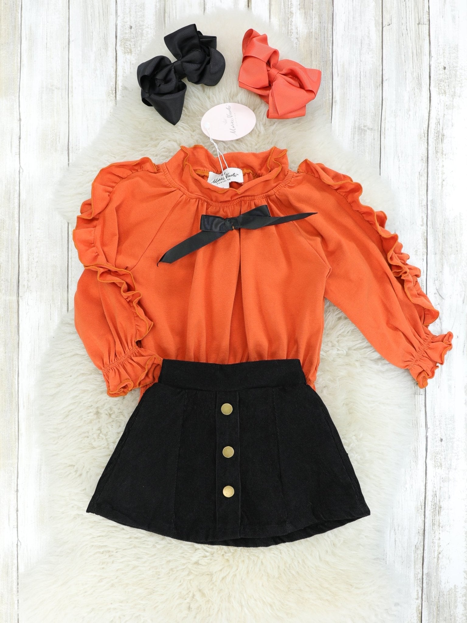 Burnt Orange Ruffle Top & Skirt Outfit - Marie Nicole Clothing