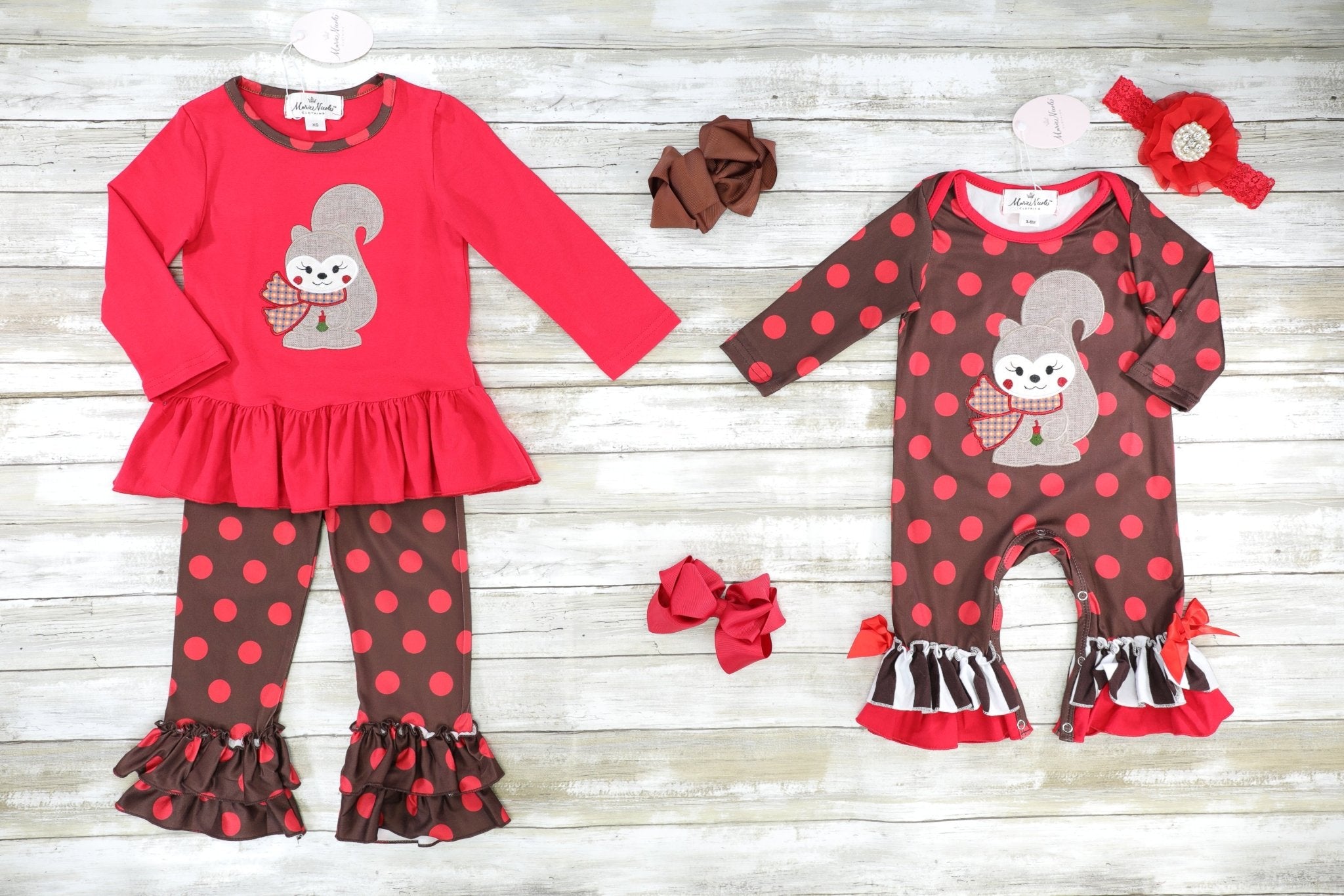 Polka Dotted Squirrel Ruffle Romper - Marie Nicole Clothing