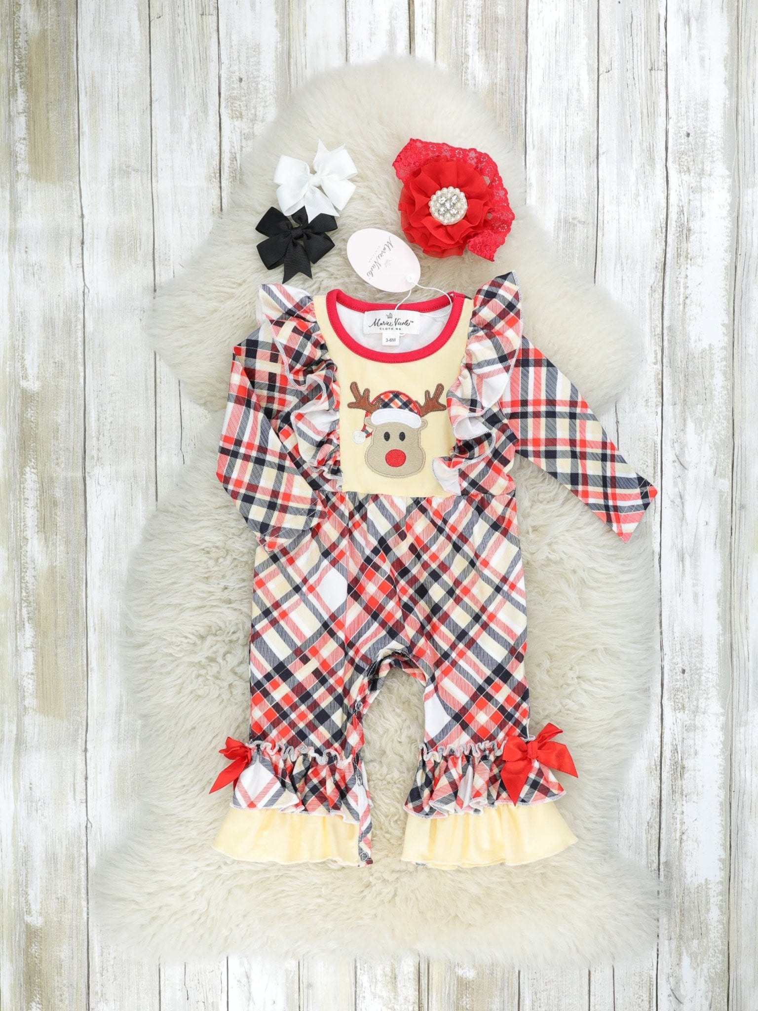 Yellow Reindeer Plaid Ruffle Romper - Marie Nicole Clothing