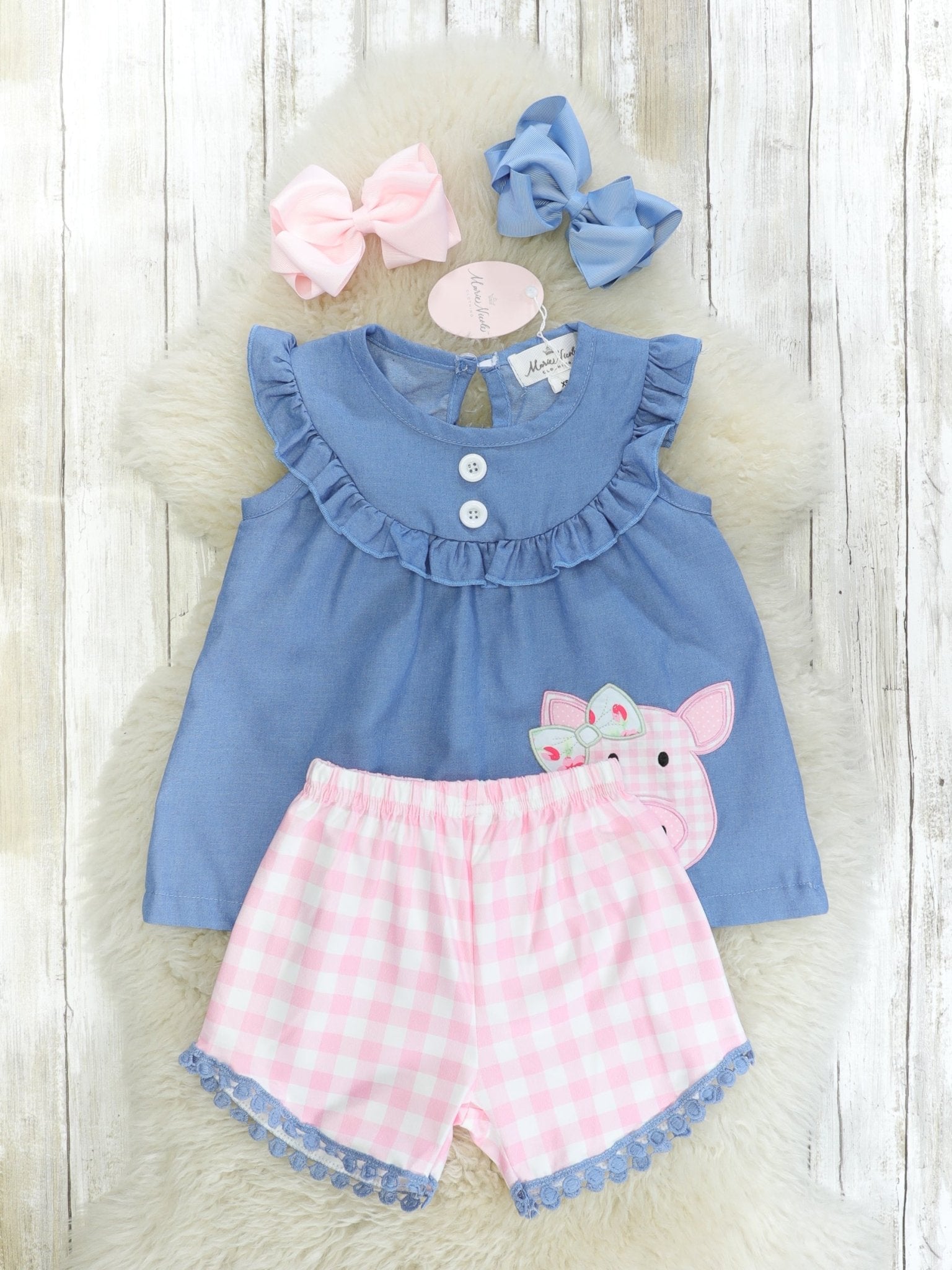 Pink Chambray Piggy Shorts Outfit - Marie Nicole Clothing