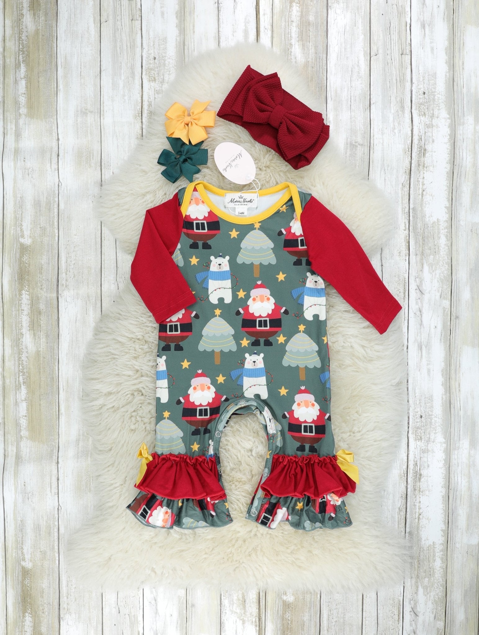 Green Santa Ruffle Romper - Marie Nicole Clothing