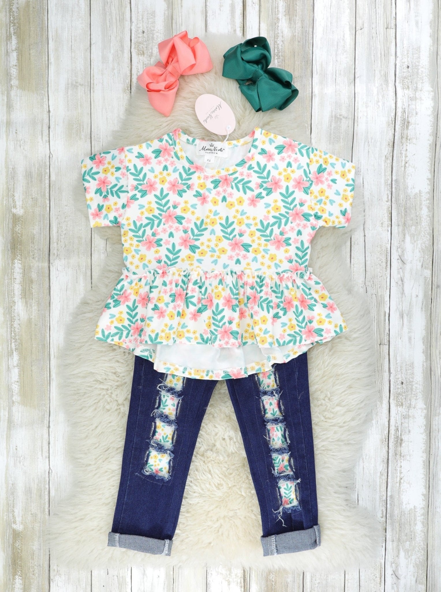 Yellow Floral Peplum Top & Distressed Denim Outfit - Marie Nicole Clothing