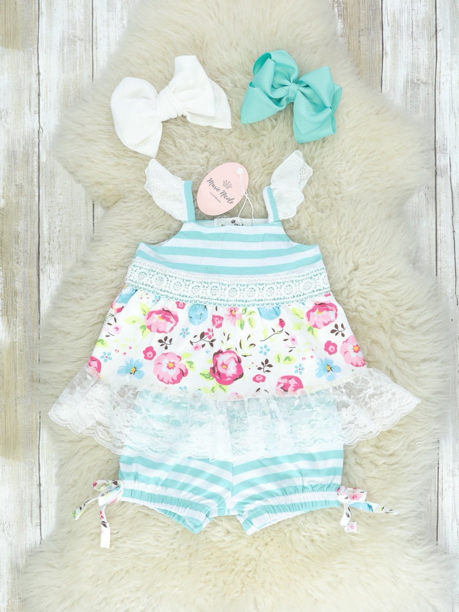 Blue Stripes, Florals, & Lace Shorts Outfit - Marie Nicole Clothing