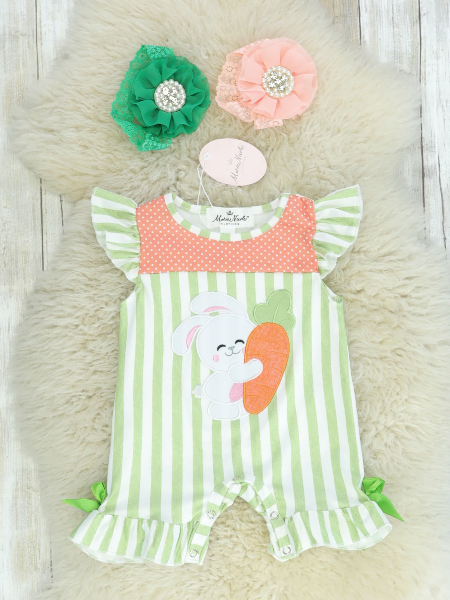Green & Coral Spring Bunny Bow Romper - Marie Nicole Clothing