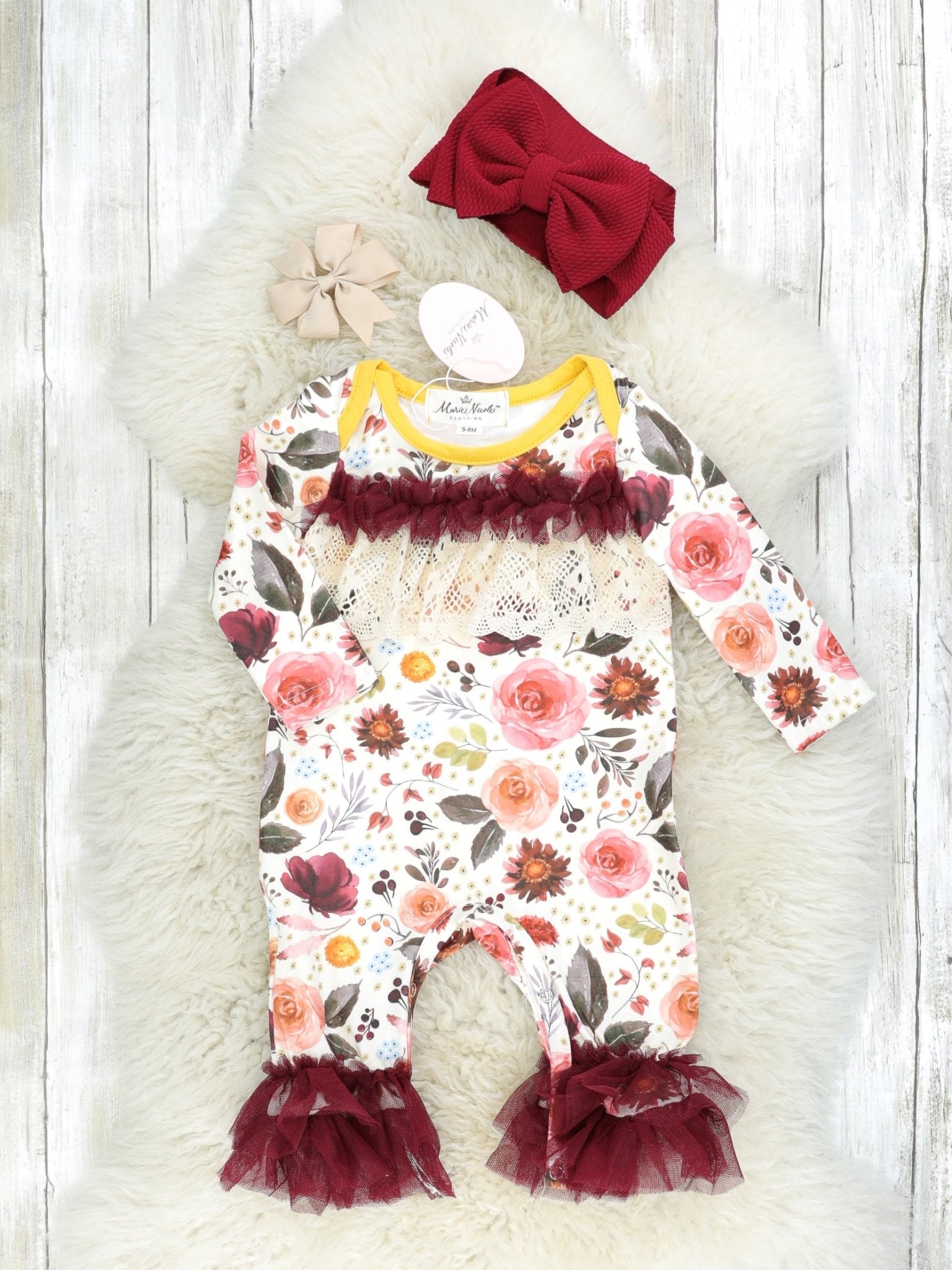 Burgundy Floral Tulle Ruffle Romper - Marie Nicole Clothing