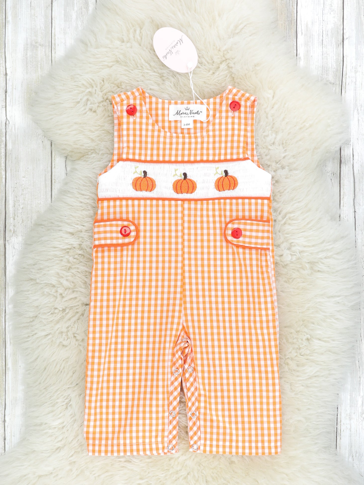 Orange Gingham Smocked Pumpkin Johnny - Marie Nicole Clothing