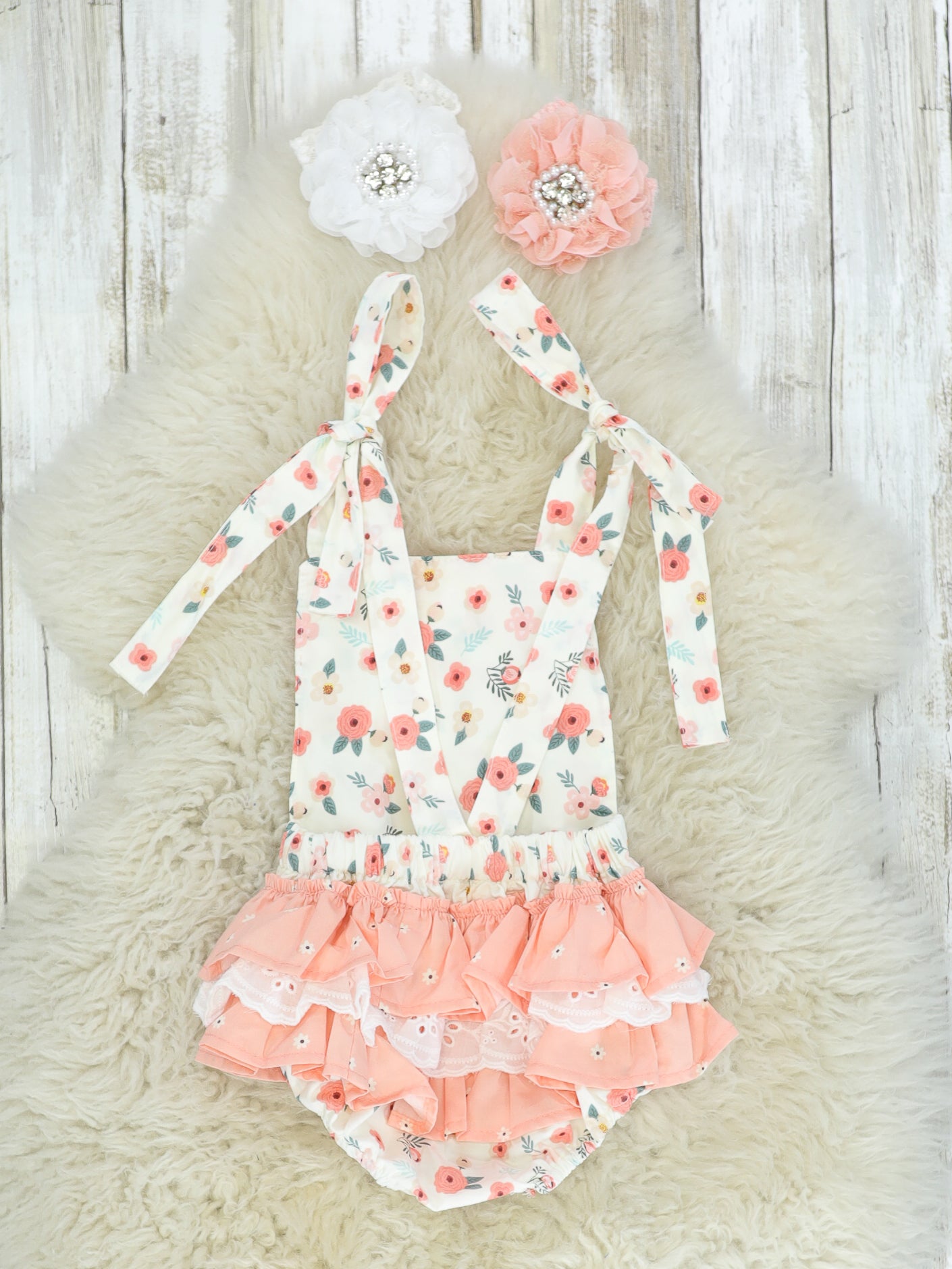 Pink & White Floral Ruffle Bubble Romper - Marie Nicole Clothing