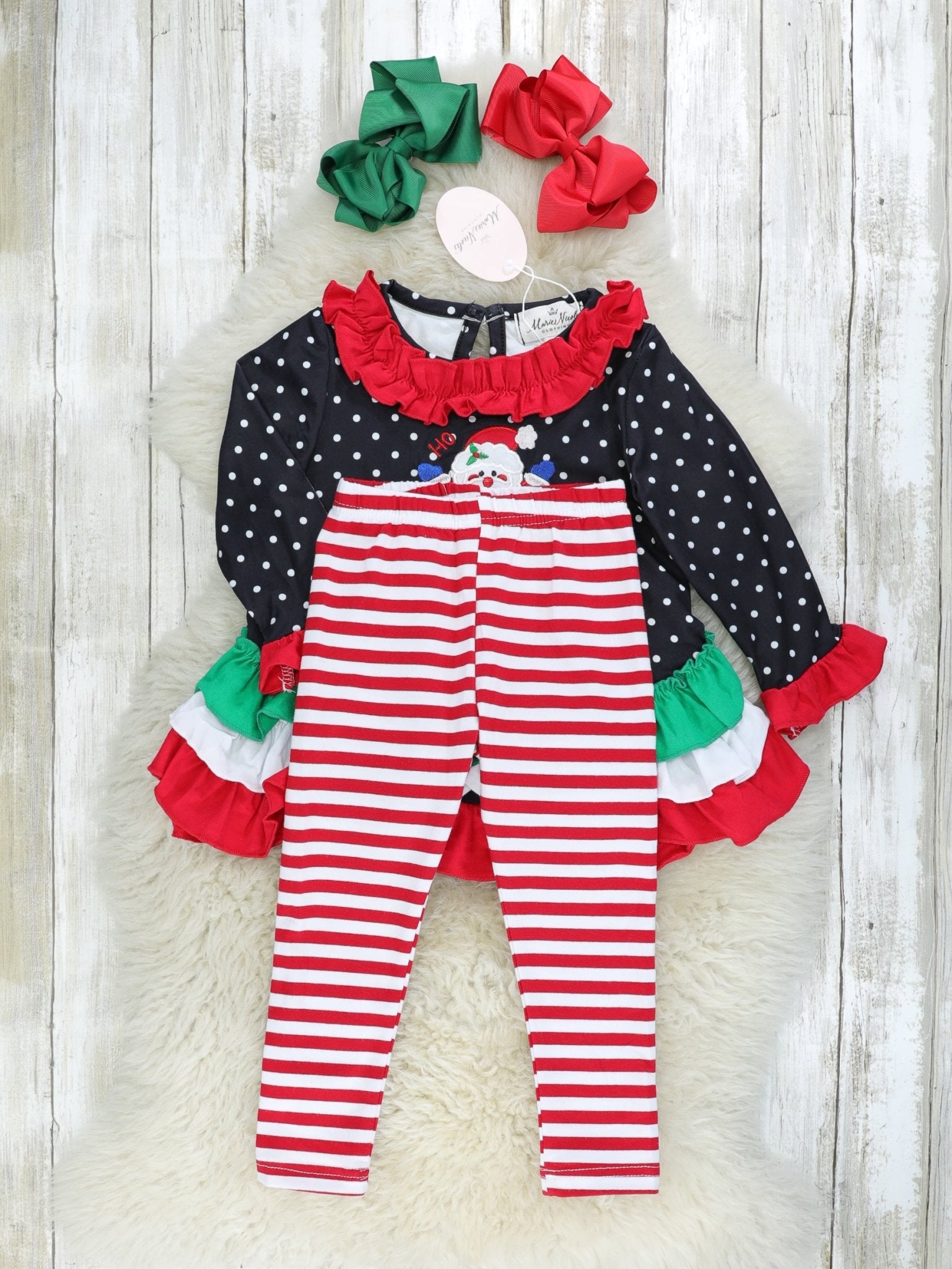 Black Polka Dot Santa Ruffle Outfit - Marie Nicole Clothing