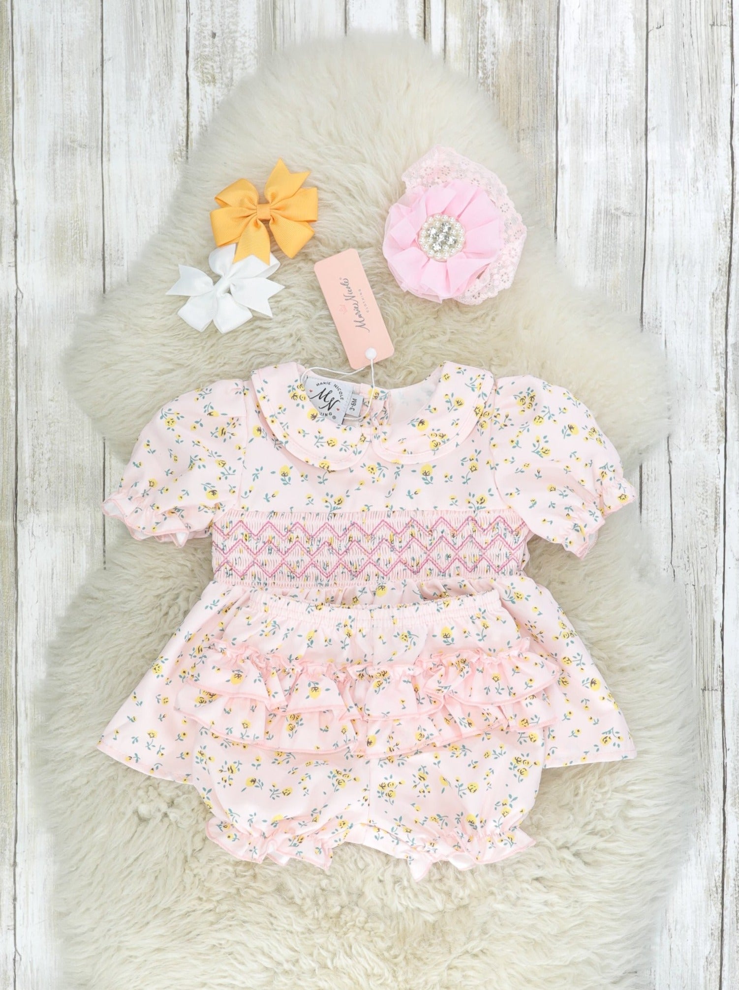 Baby Pink Smocked Floral Top & Bloomers Outfit - Marie Nicole Clothing