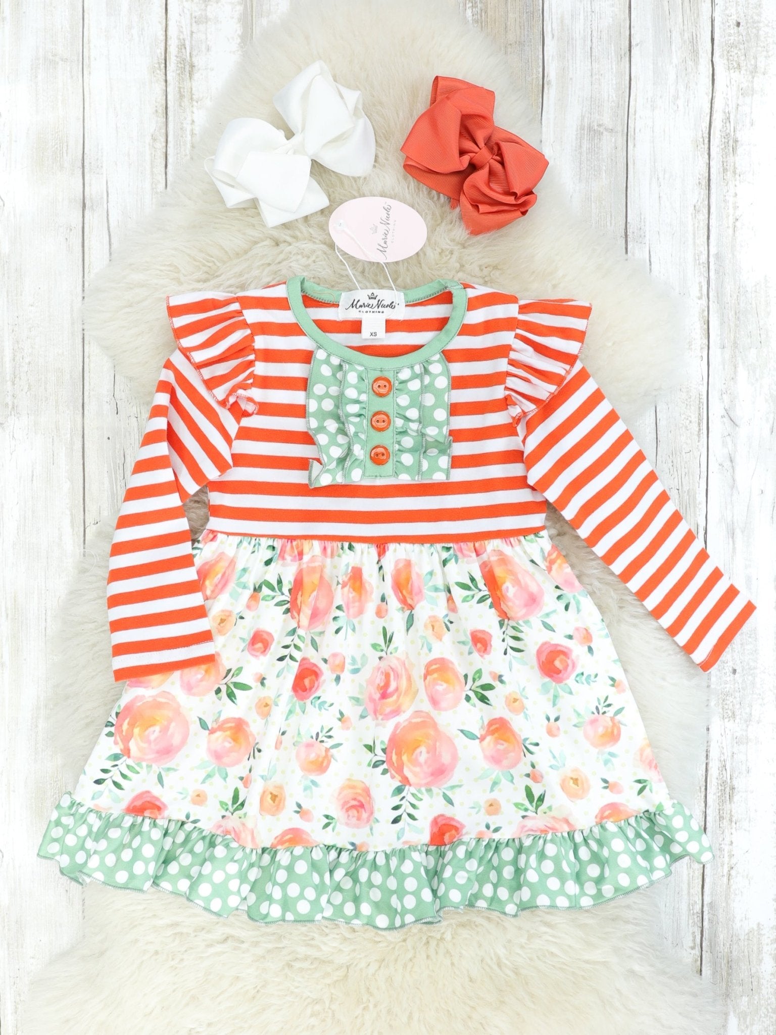 Striped Orange & Green Rose Ruffle Dress - Marie Nicole Clothing