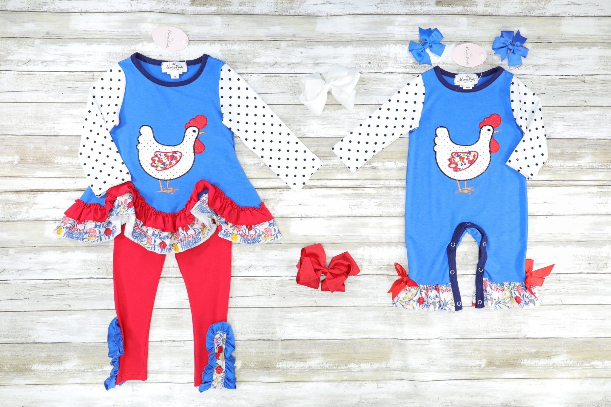 Blue Polka Dot Chicken Ruffle Romper - Marie Nicole Clothing