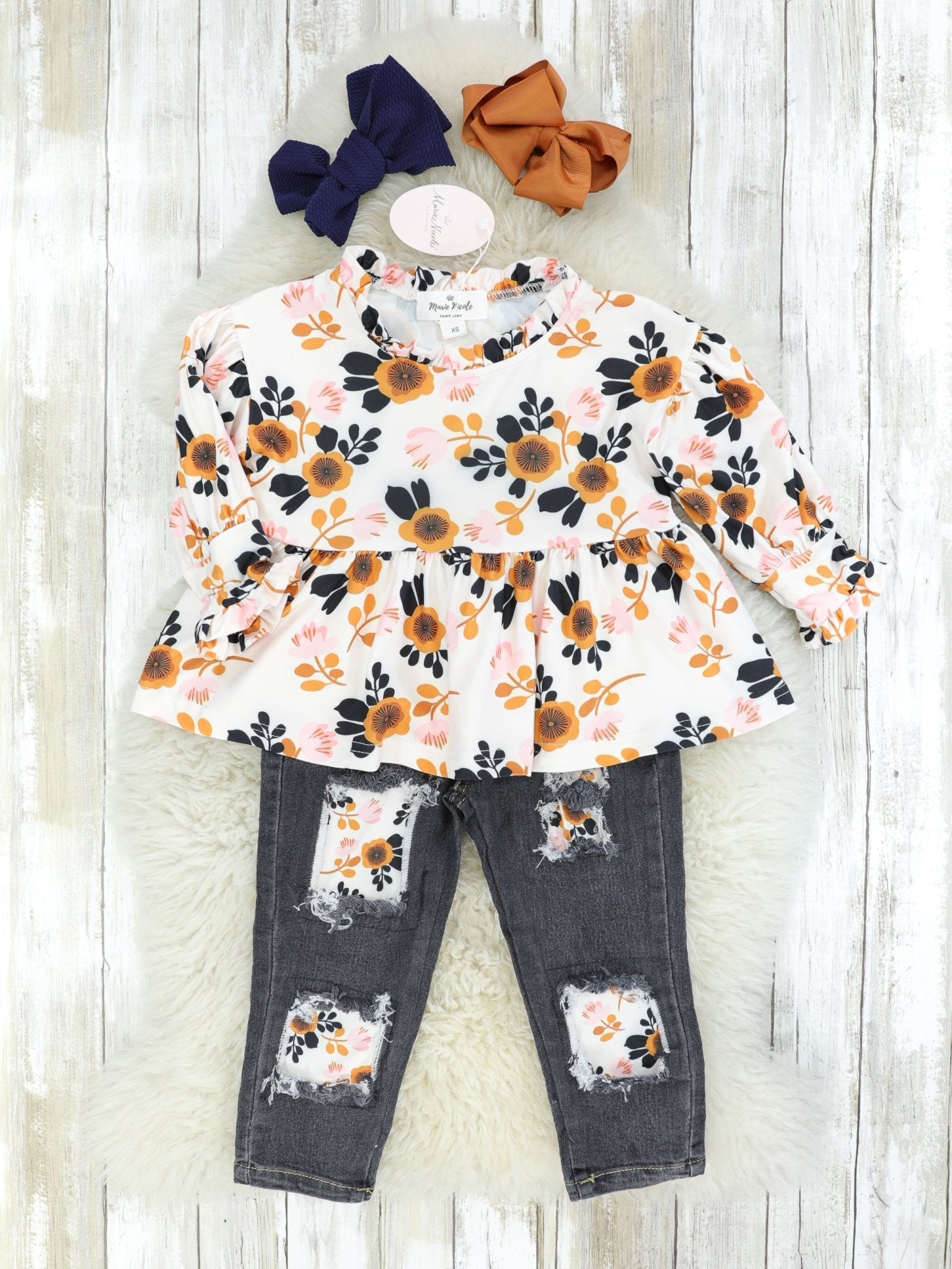 Orange Floral Tunic & Distressed Denim Outfit - Marie Nicole Clothing